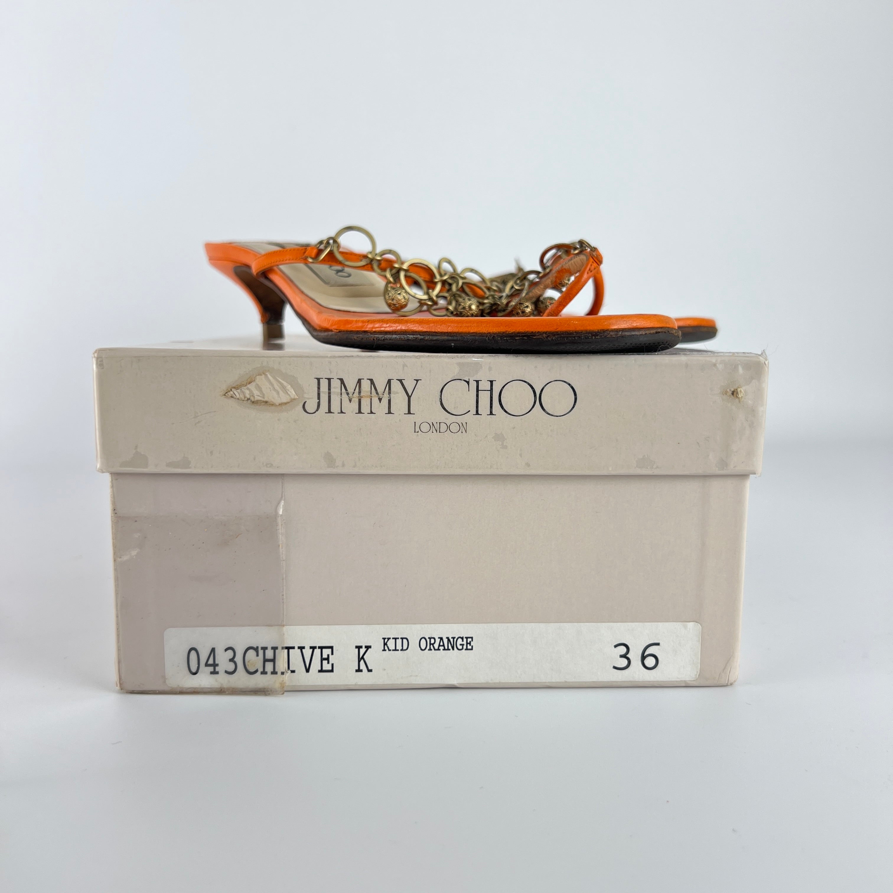 Jimmy Choo | Orange Leather Gold Embellished Kitten Heel Thong Mules (36)