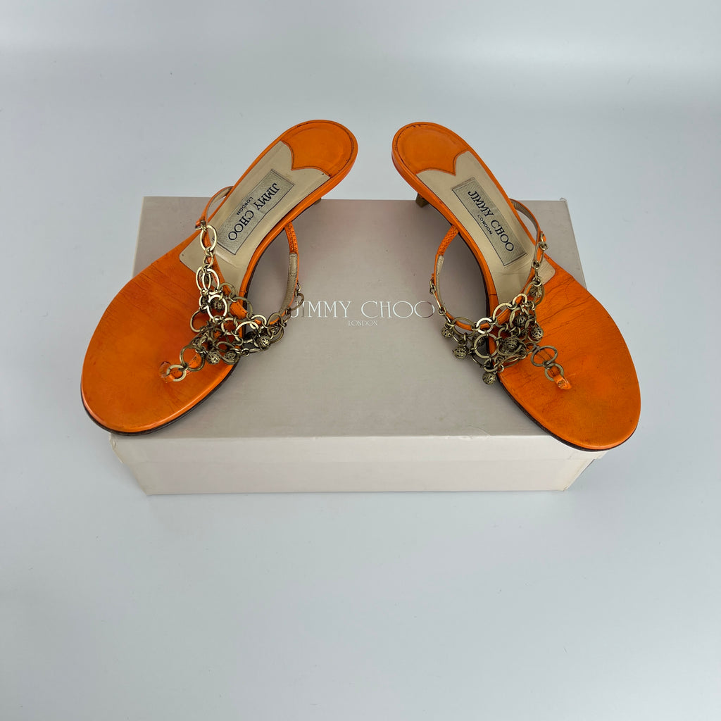 Jimmy Choo | Orange Leather Gold Embellished Kitten Heel Thong Mules (36)