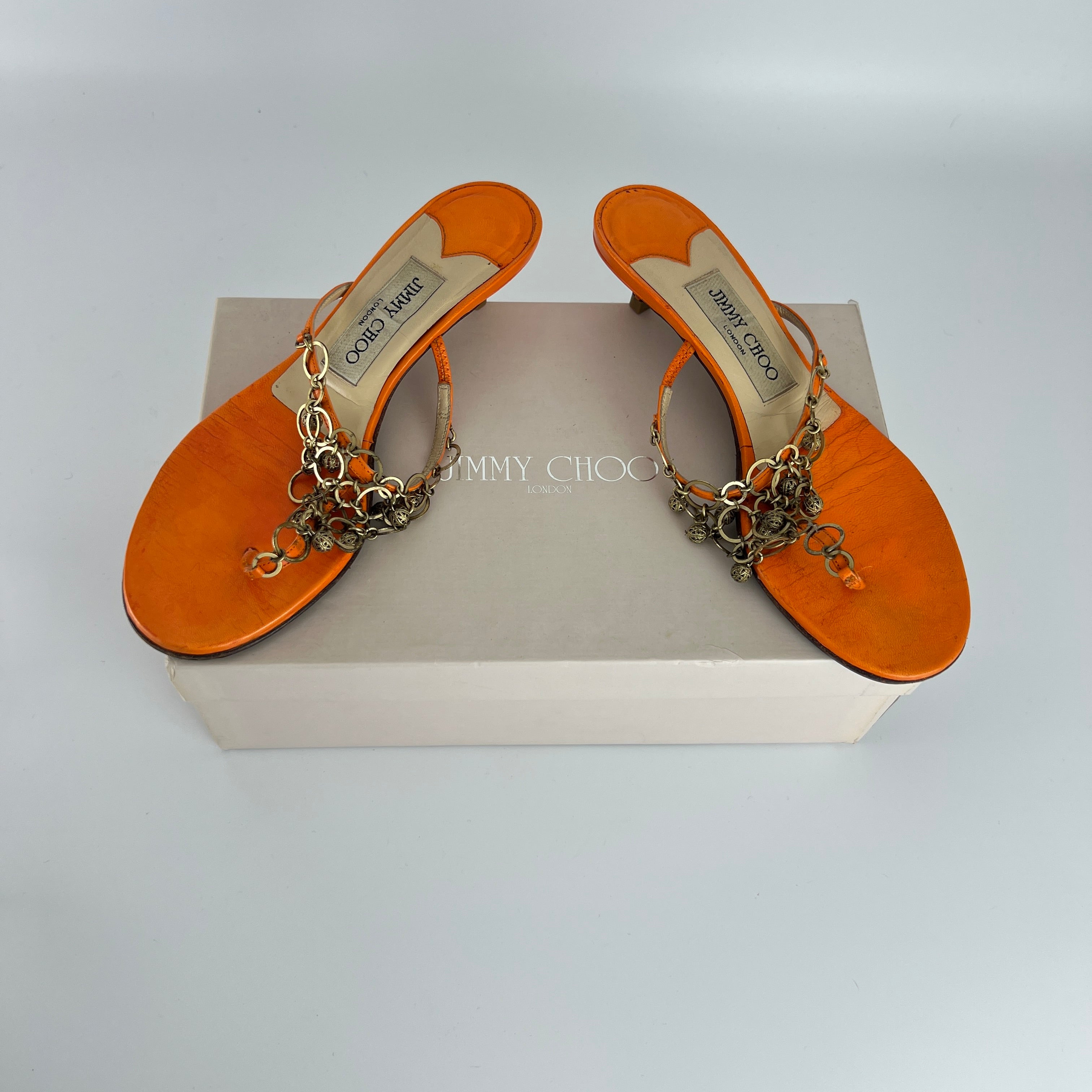 Jimmy Choo | Orange Leather Gold Embellished Kitten Heel Thong Mules (36)