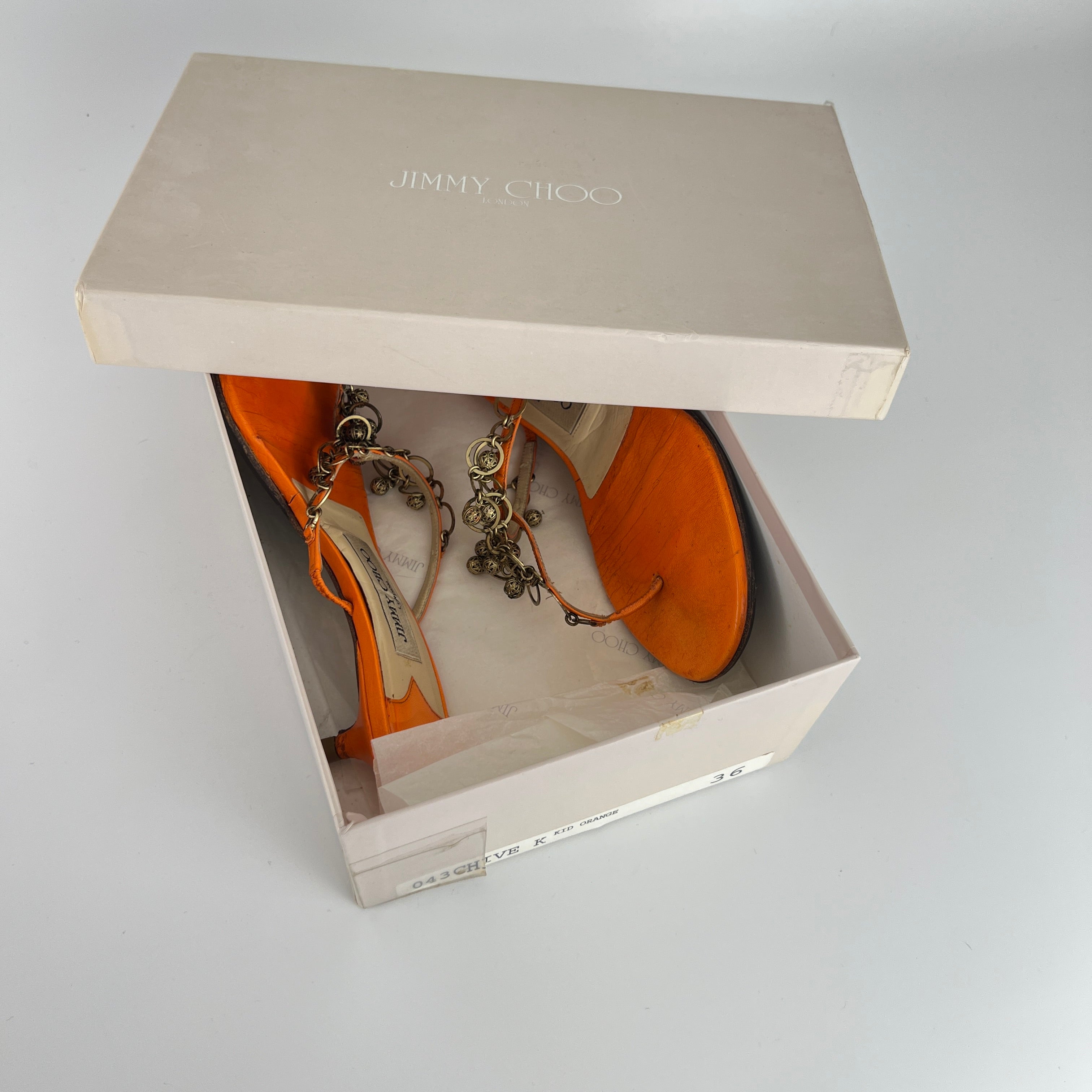 Jimmy Choo | Orange Leather Gold Embellished Kitten Heel Thong Mules (36)