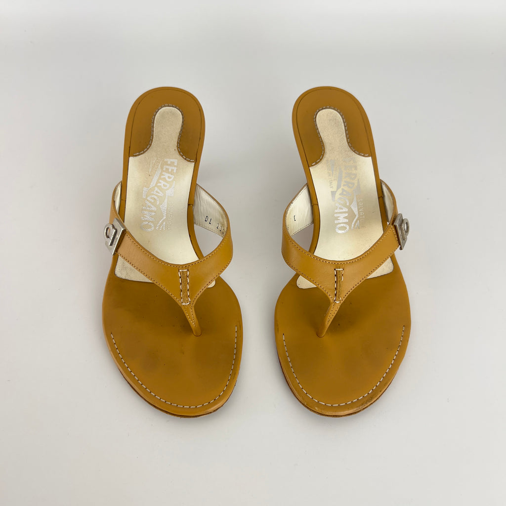 Ferragamo | Tan Leather Thong Flip Flop Mid Heels Silver Ferragamo Logo Hardware (36)