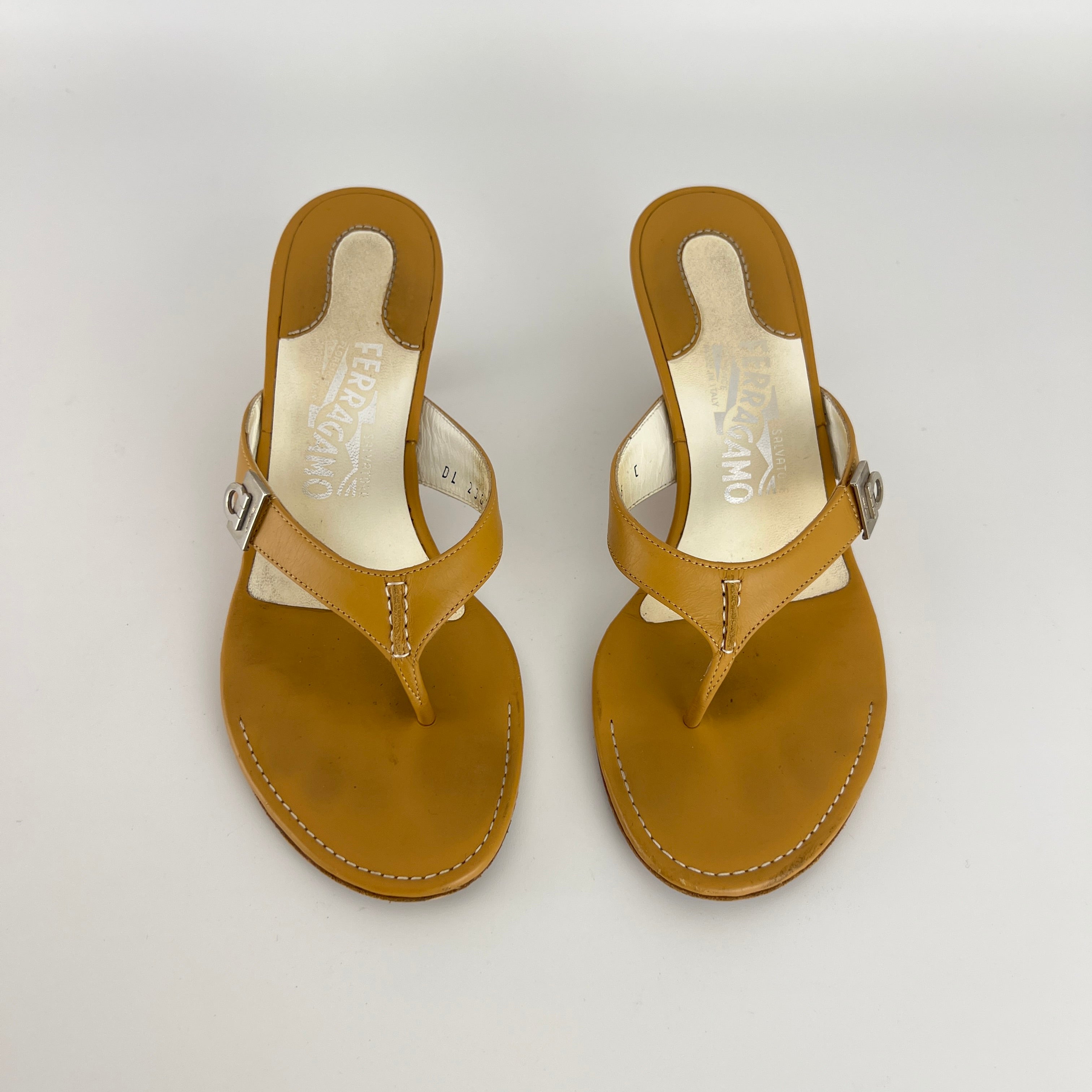 Ferragamo | Tan Leather Thong Flip Flop Mid Heels Silver Ferragamo Logo Hardware (36)