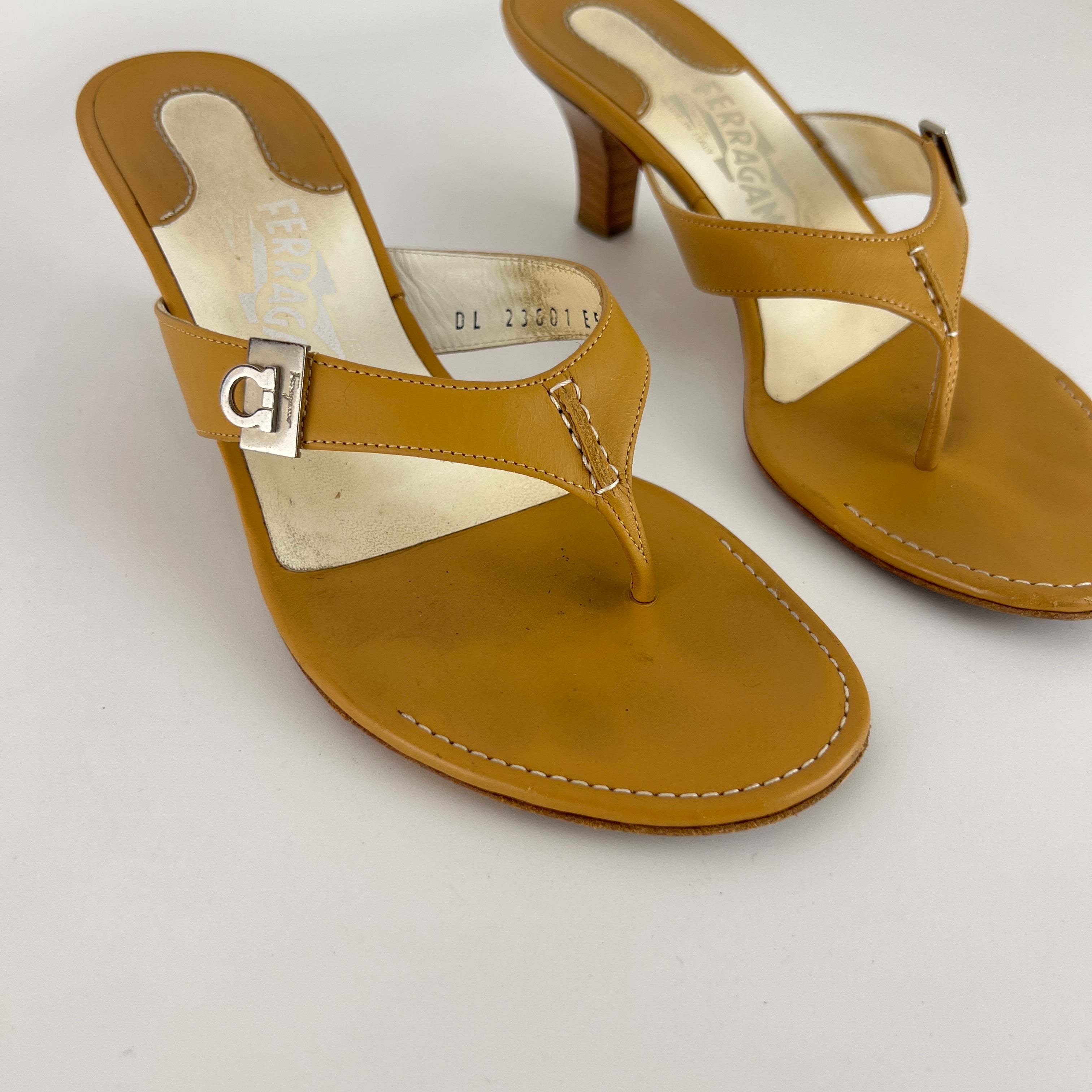 Ferragamo | Tan Leather Thong Flip Flop Mid Heels Silver Ferragamo Logo Hardware (36)