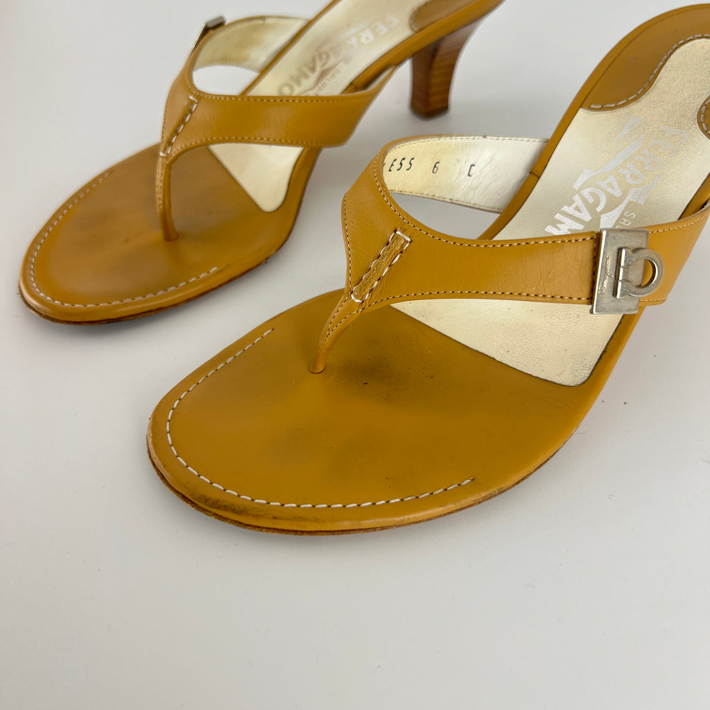 Ferragamo | Tan Leather Thong Flip Flop Mid Heels Silver Ferragamo Logo Hardware (36)