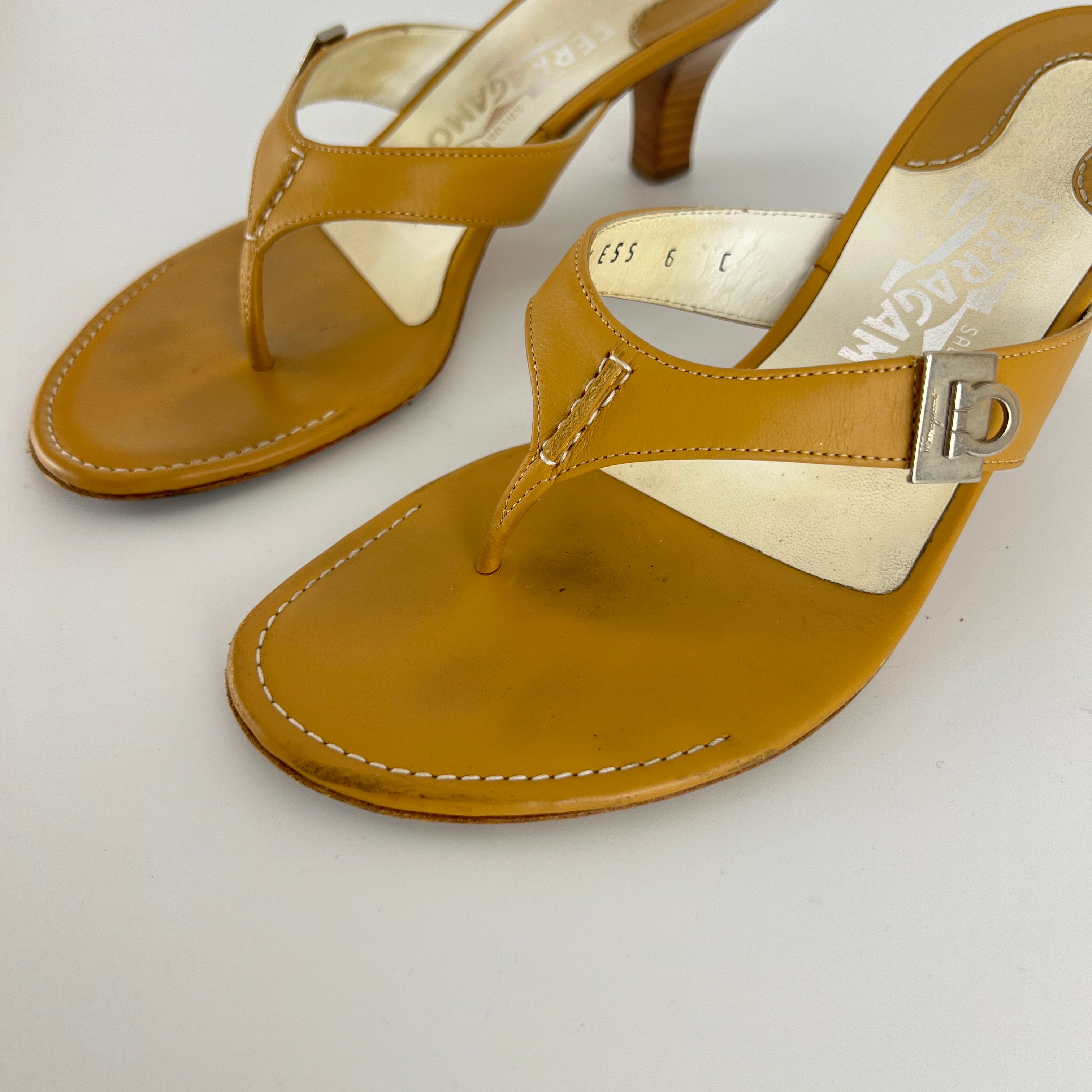 Ferragamo | Tan Leather Thong Flip Flop Mid Heels Silver Ferragamo Logo Hardware (36)