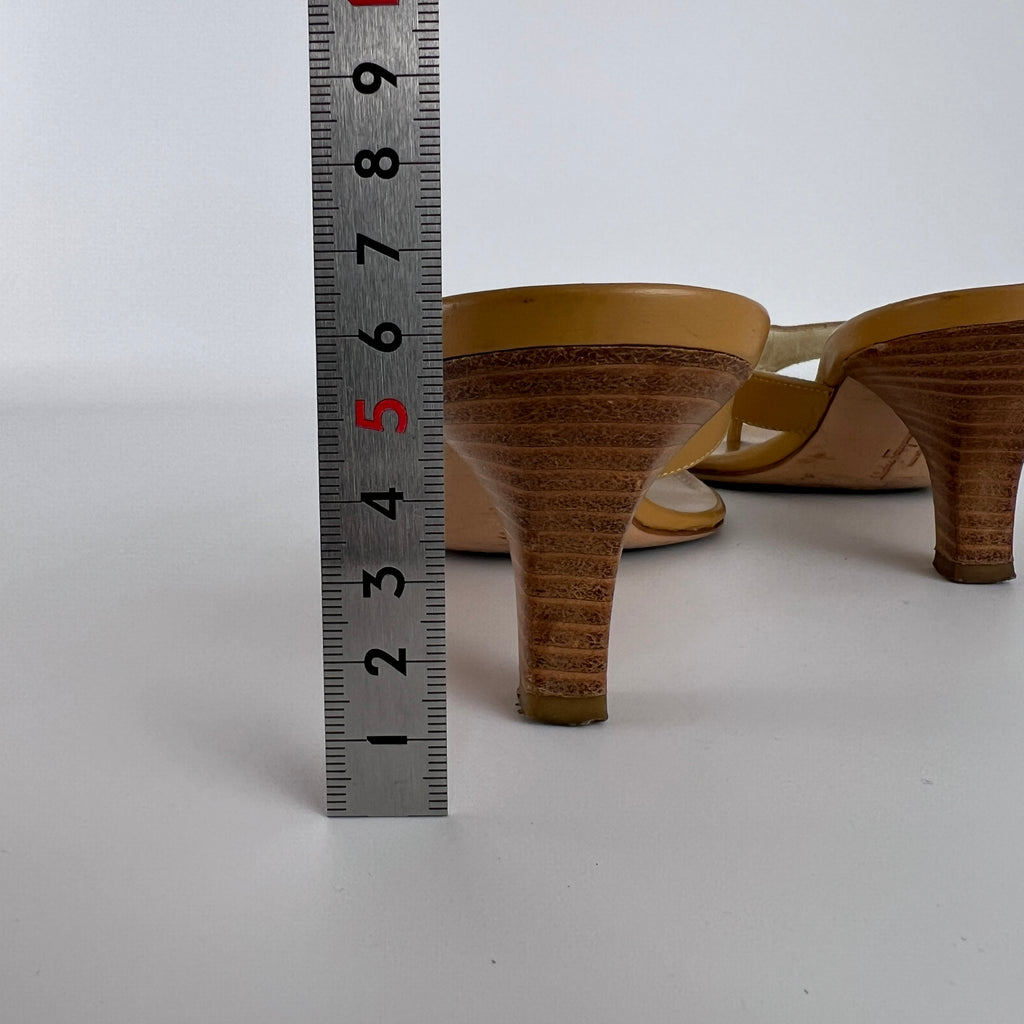 Ferragamo | Tan Leather Thong Flip Flop Mid Heels Silver Ferragamo Logo Hardware (36)