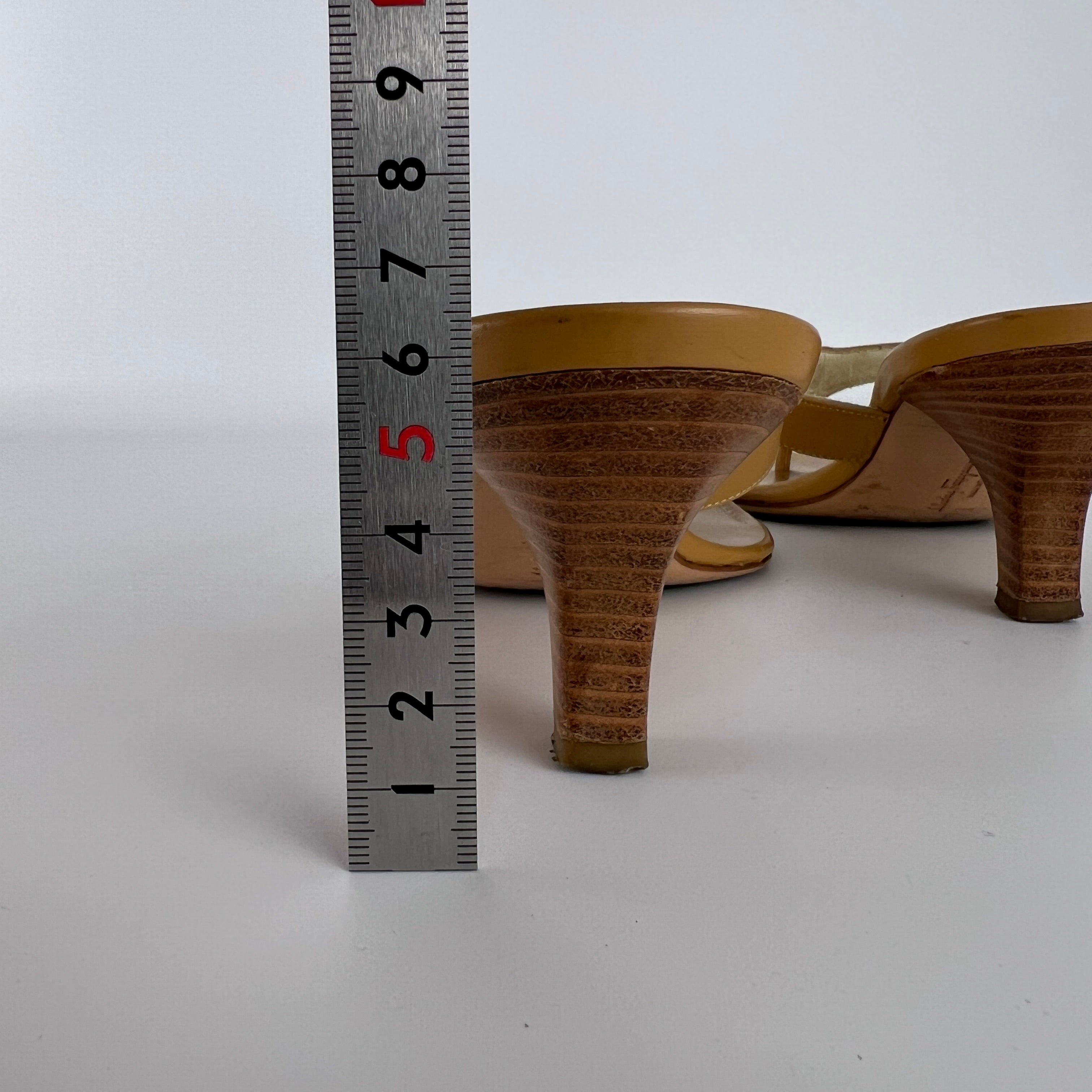 Ferragamo | Tan Leather Thong Flip Flop Mid Heels Silver Ferragamo Logo Hardware (36)