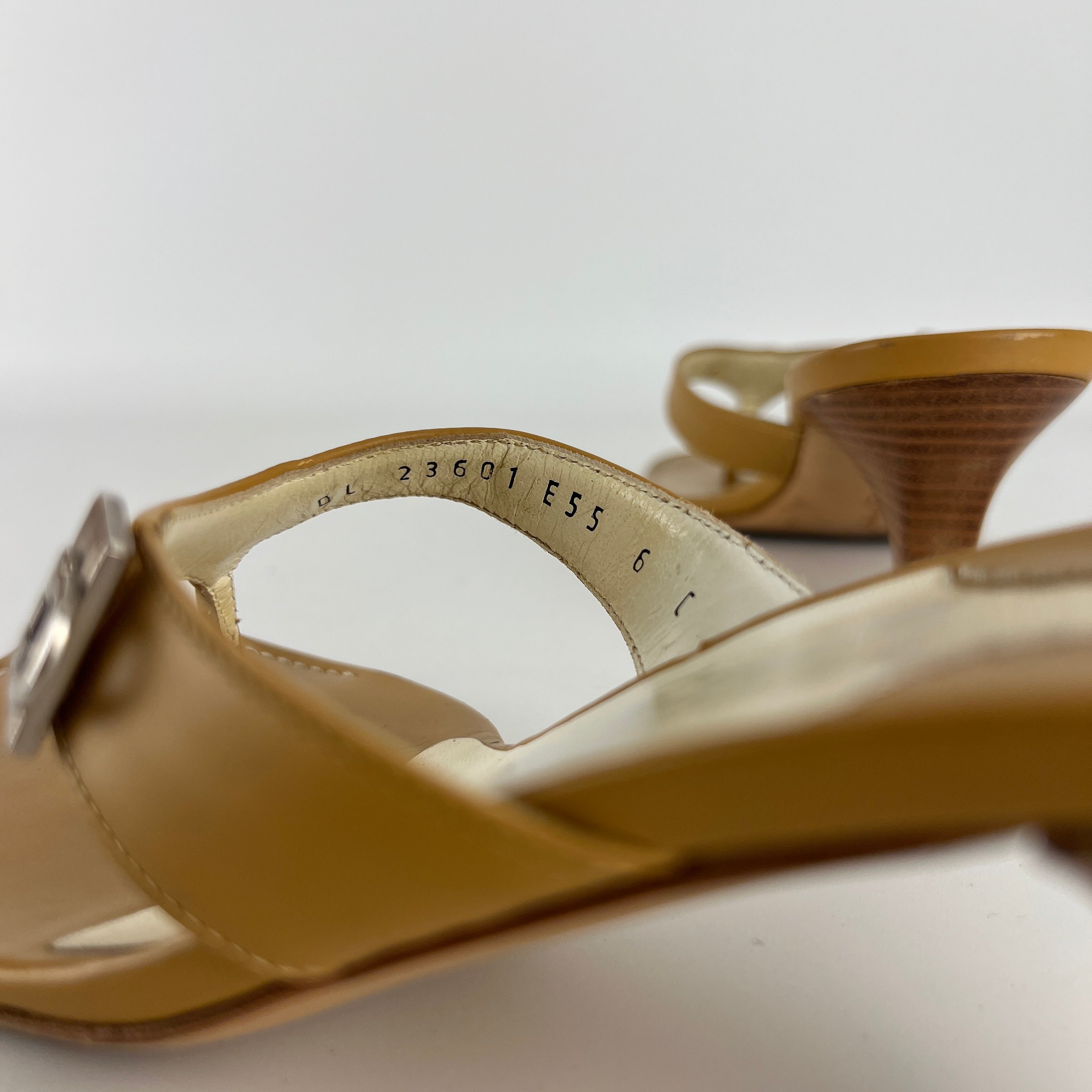 Ferragamo | Tan Leather Thong Flip Flop Mid Heels Silver Ferragamo Logo Hardware (36)