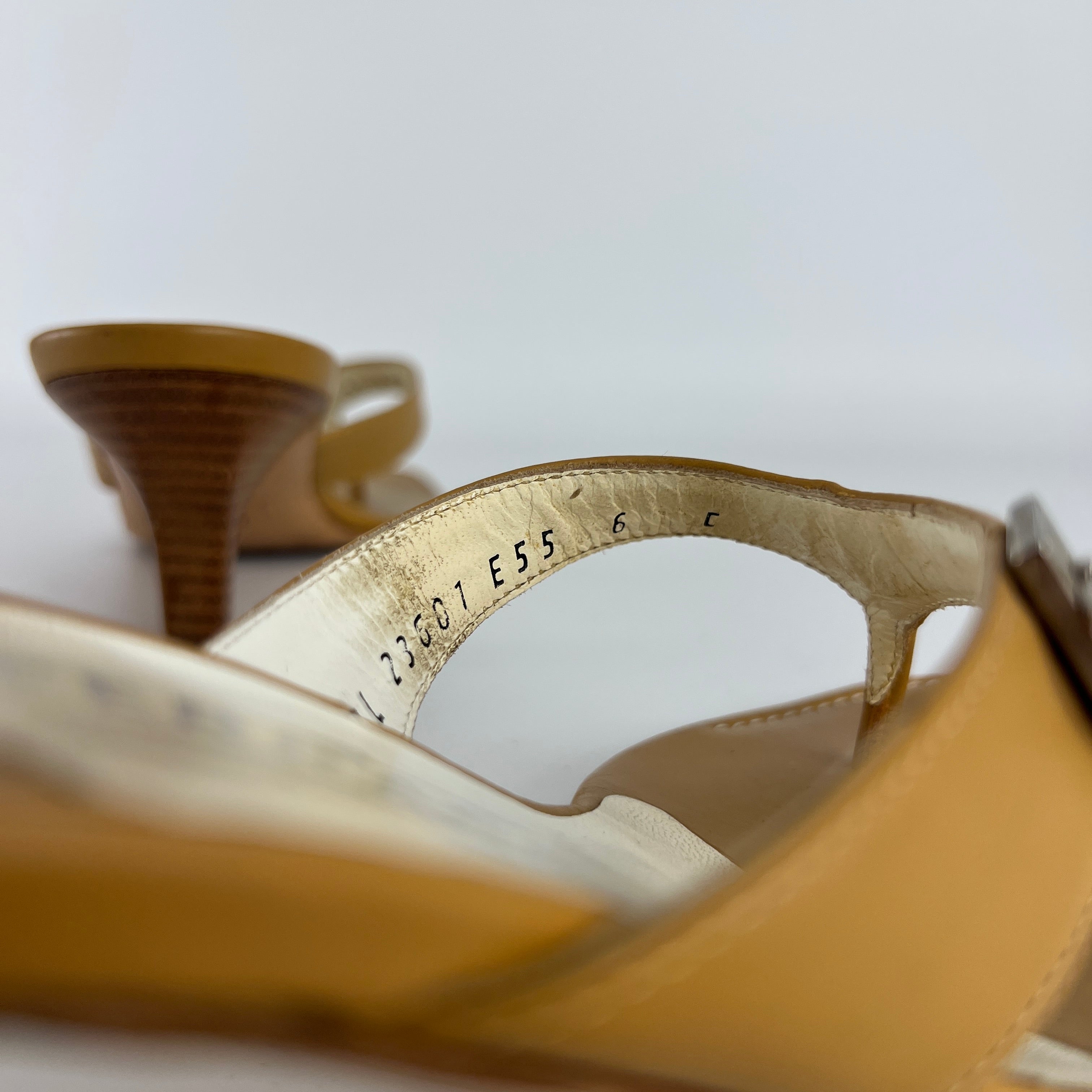 Ferragamo | Tan Leather Thong Flip Flop Mid Heels Silver Ferragamo Logo Hardware (36)