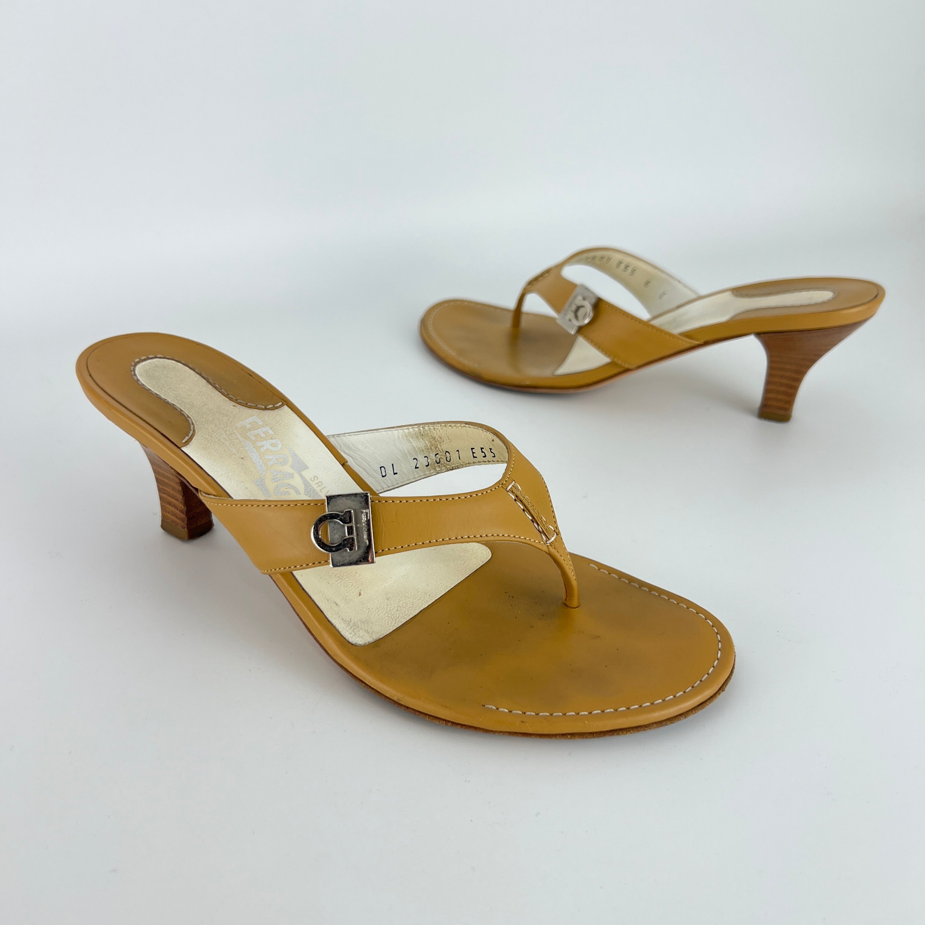 Ferragamo | Tan Leather Thong Flip Flop Mid Heels Silver Ferragamo Logo Hardware (36)