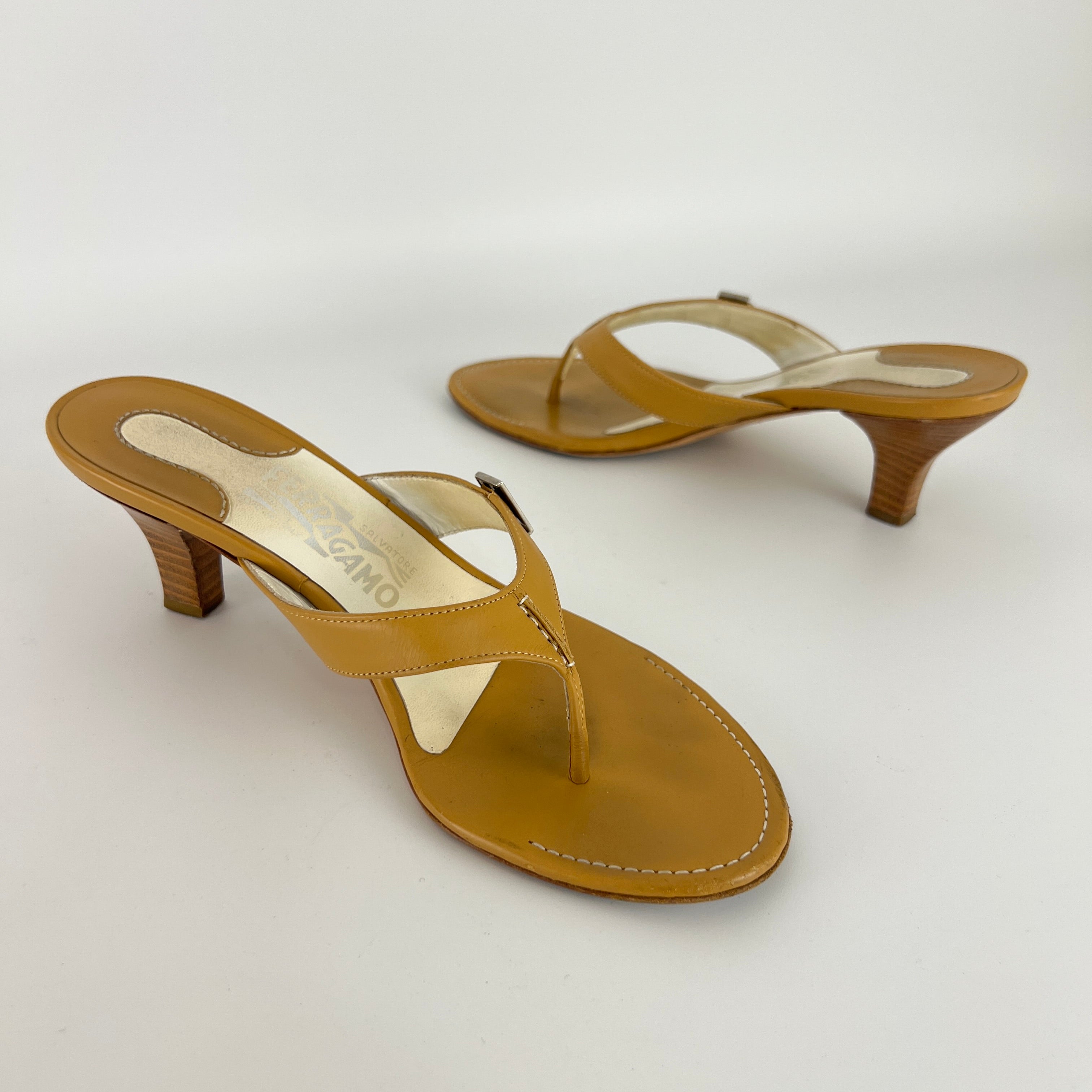 Ferragamo | Tan Leather Thong Flip Flop Mid Heels Silver Ferragamo Logo Hardware (36)