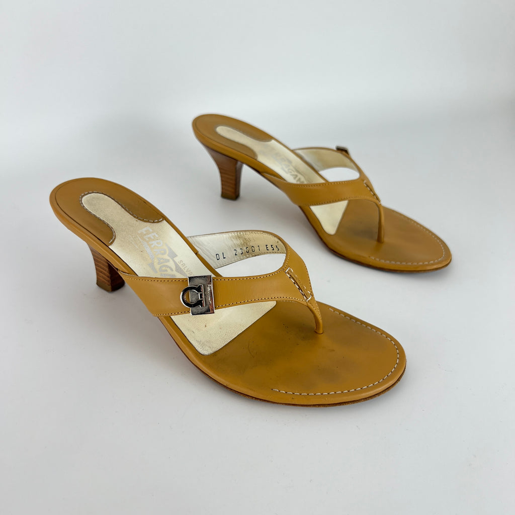 Ferragamo | Tan Leather Thong Flip Flop Mid Heels Silver Ferragamo Logo Hardware (36)
