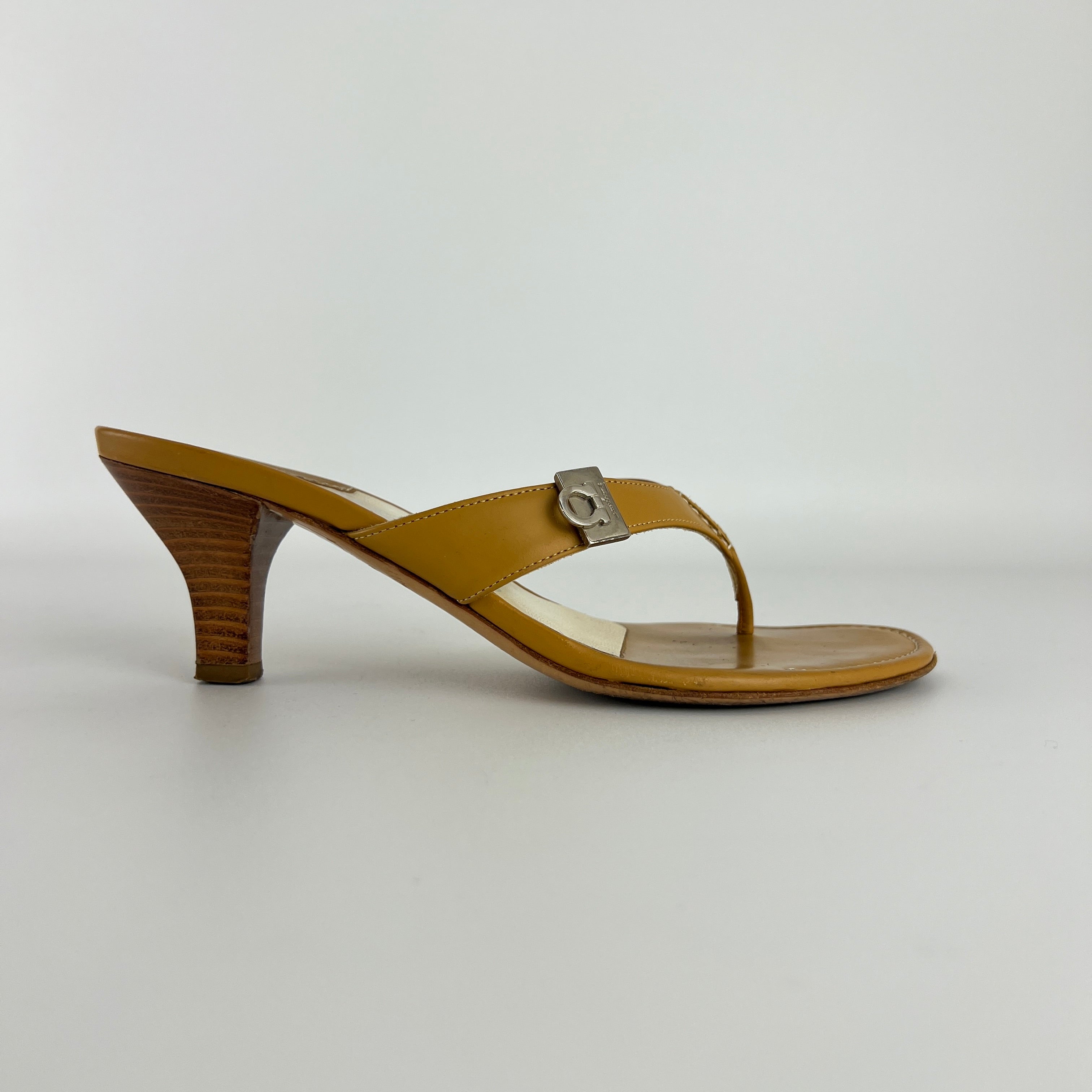 Ferragamo | Tan Leather Thong Flip Flop Mid Heels Silver Ferragamo Logo Hardware (36)