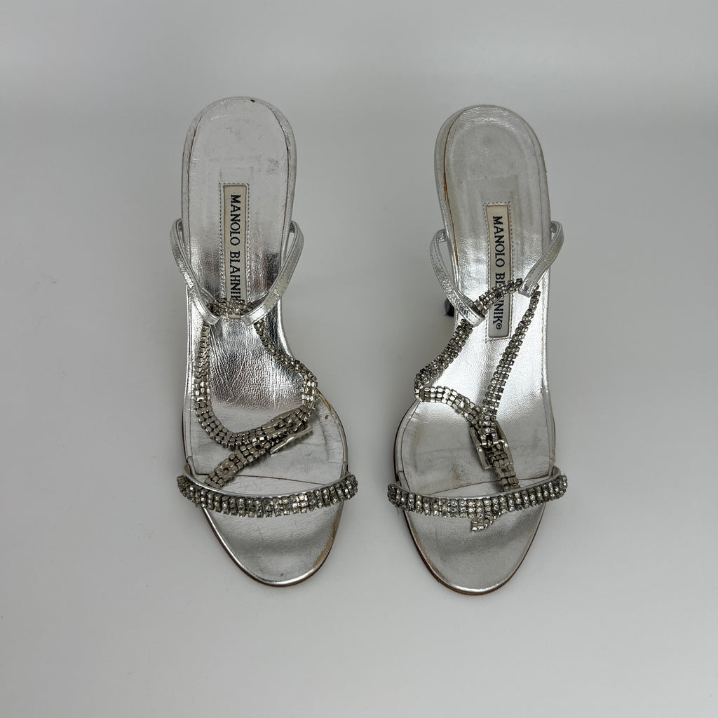 Manolo Blahnik | Silver Crystal Embellished Strap Leather Sandal Heels (36.5)