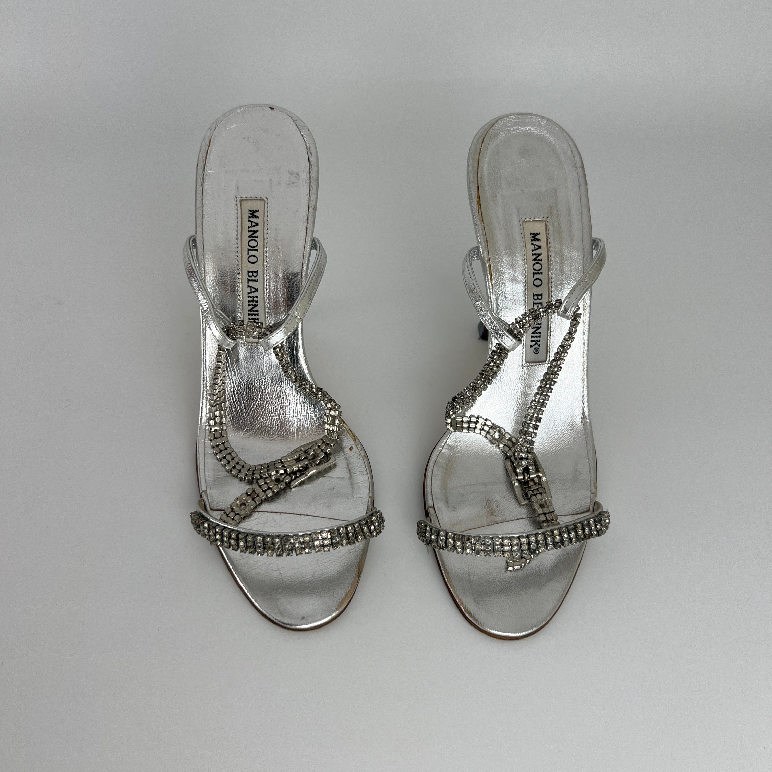 Manolo Blahnik | Silver Crystal Embellished Strap Leather Sandal Heels (36.5)