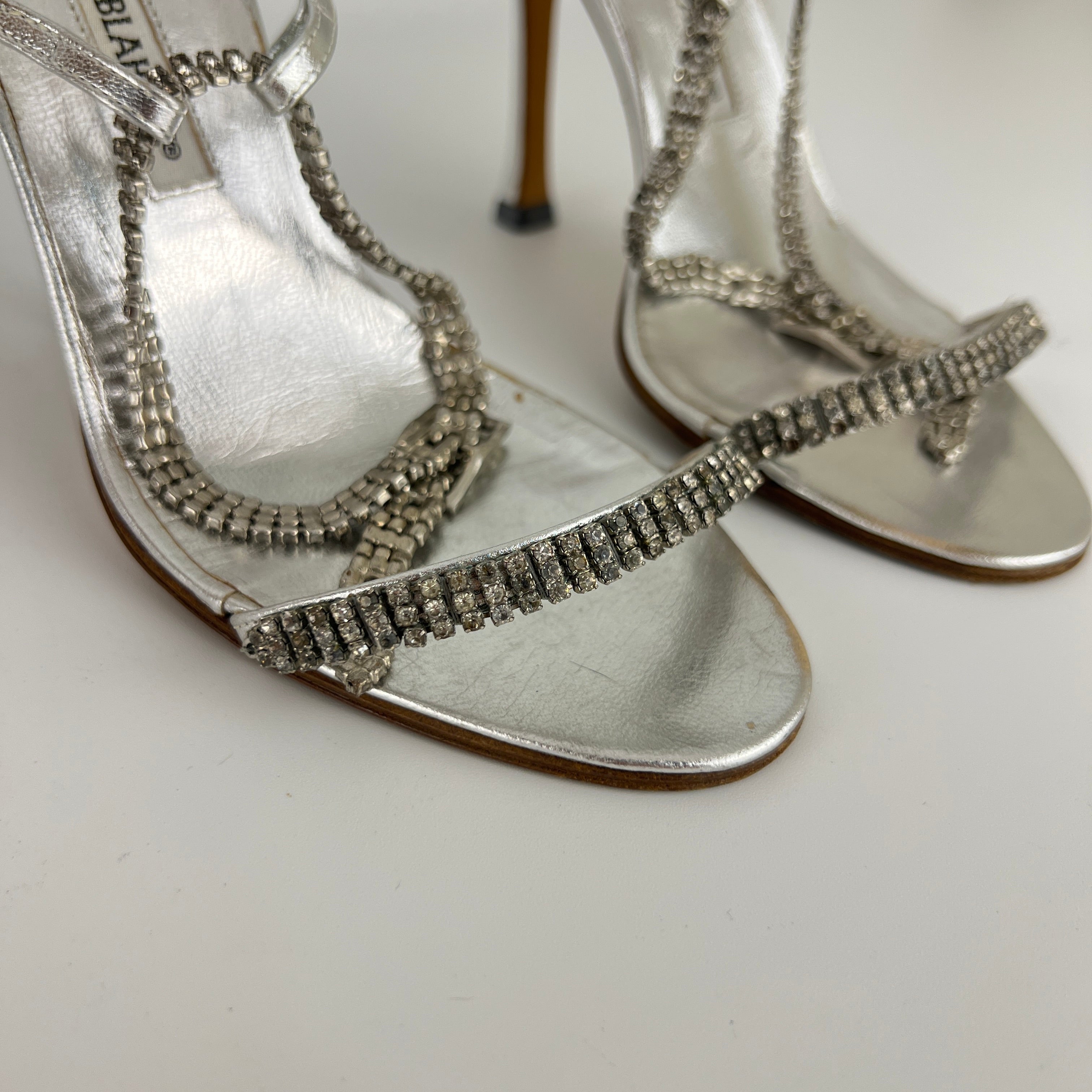 Manolo Blahnik | Silver Crystal Embellished Strap Leather Sandal Heels (36.5)