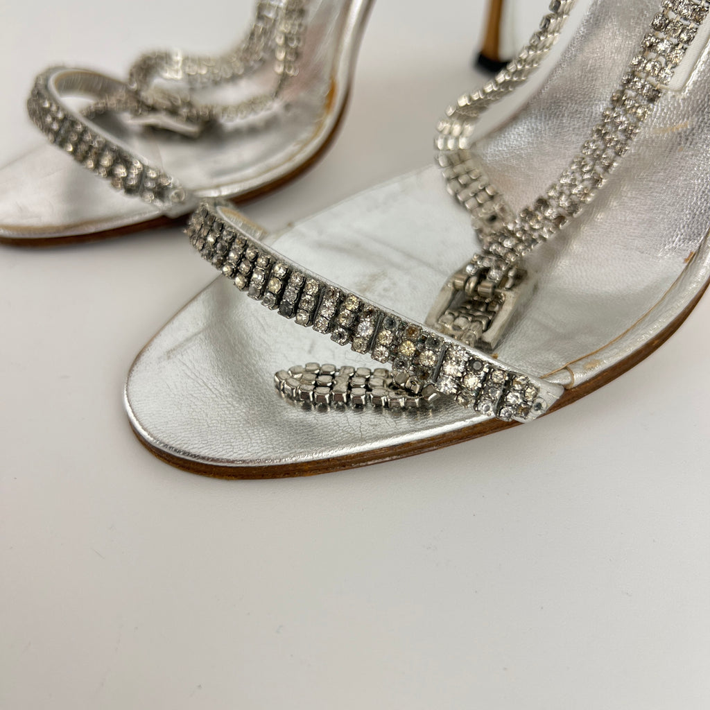 Manolo Blahnik | Silver Crystal Embellished Strap Leather Sandal Heels (36.5)