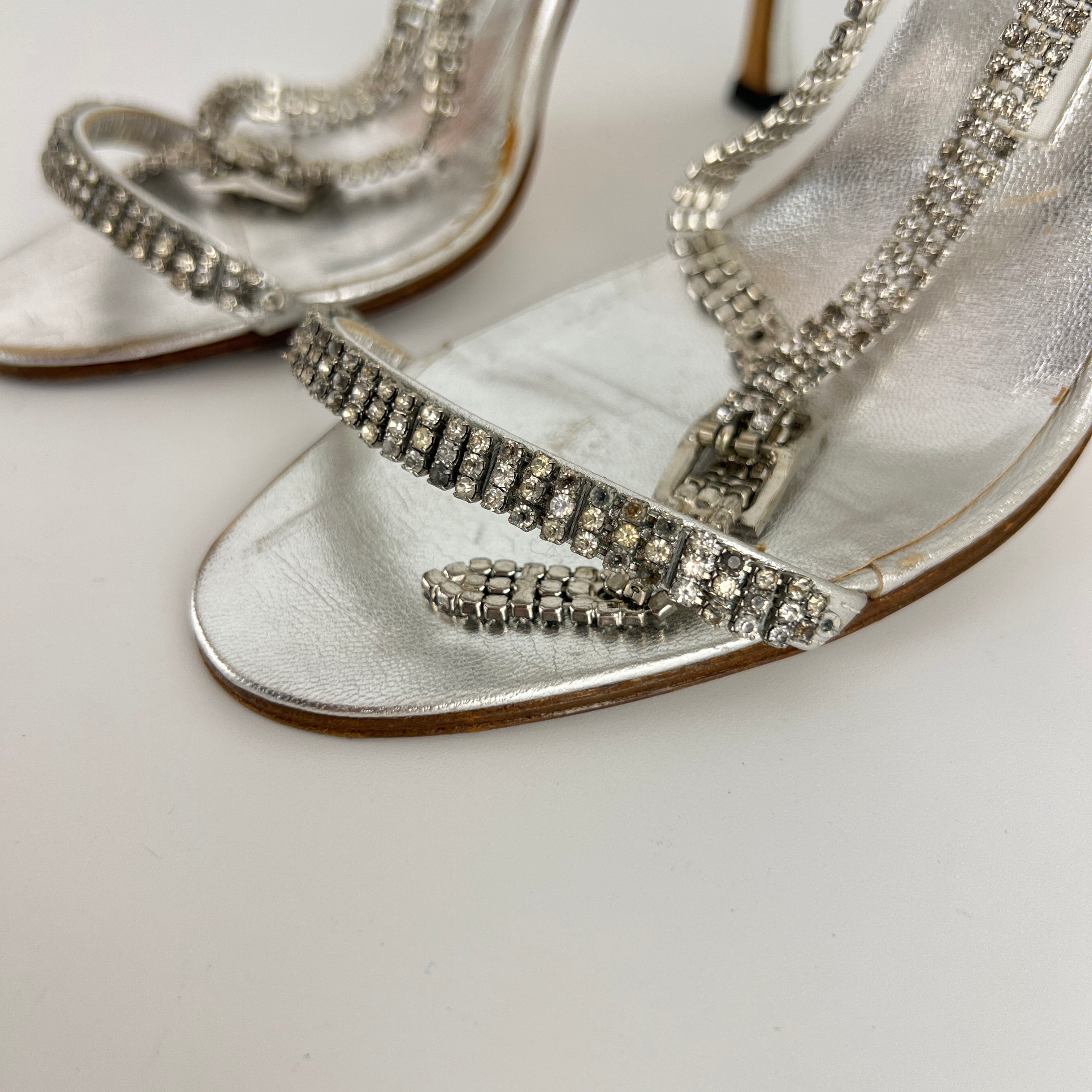 Manolo Blahnik | Silver Crystal Embellished Strap Leather Sandal Heels (36.5)