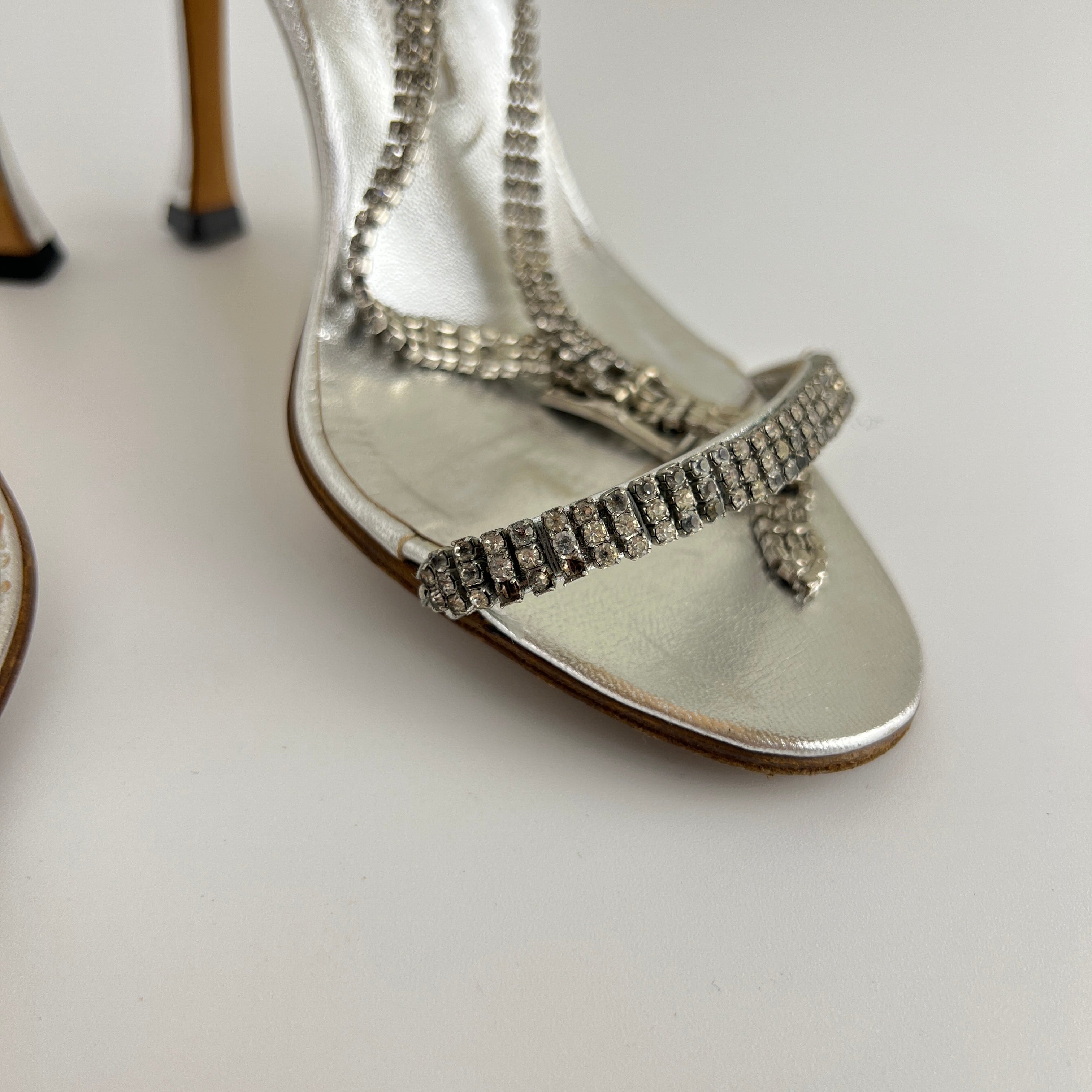 Manolo Blahnik | Silver Crystal Embellished Strap Leather Sandal Heels (36.5)