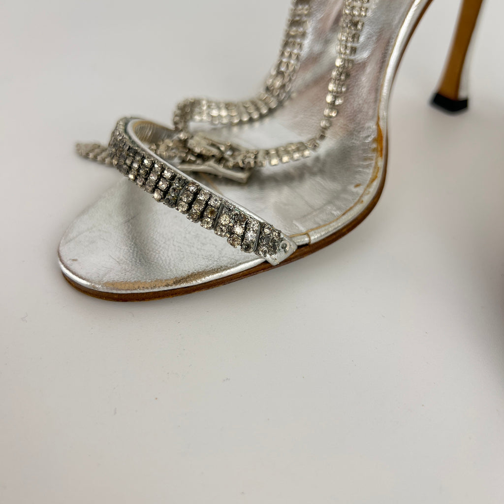 Manolo Blahnik | Silver Crystal Embellished Strap Leather Sandal Heels (36.5)