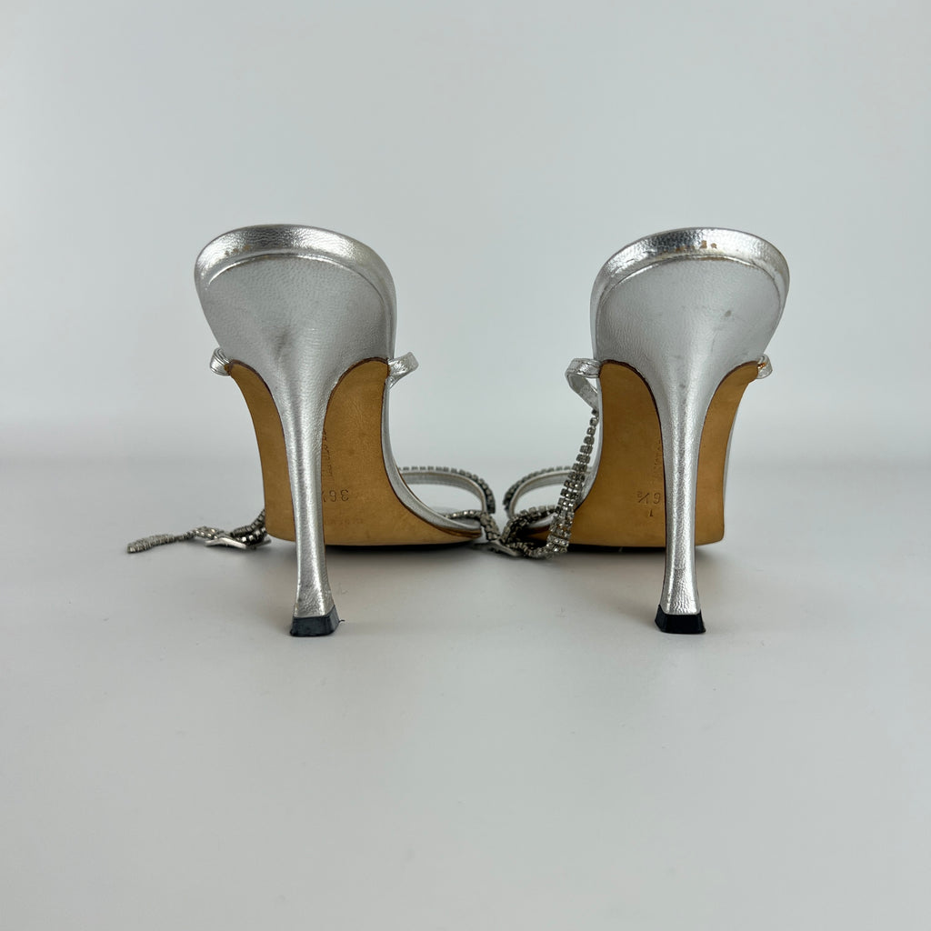 Manolo Blahnik | Silver Crystal Embellished Strap Leather Sandal Heels (36.5)