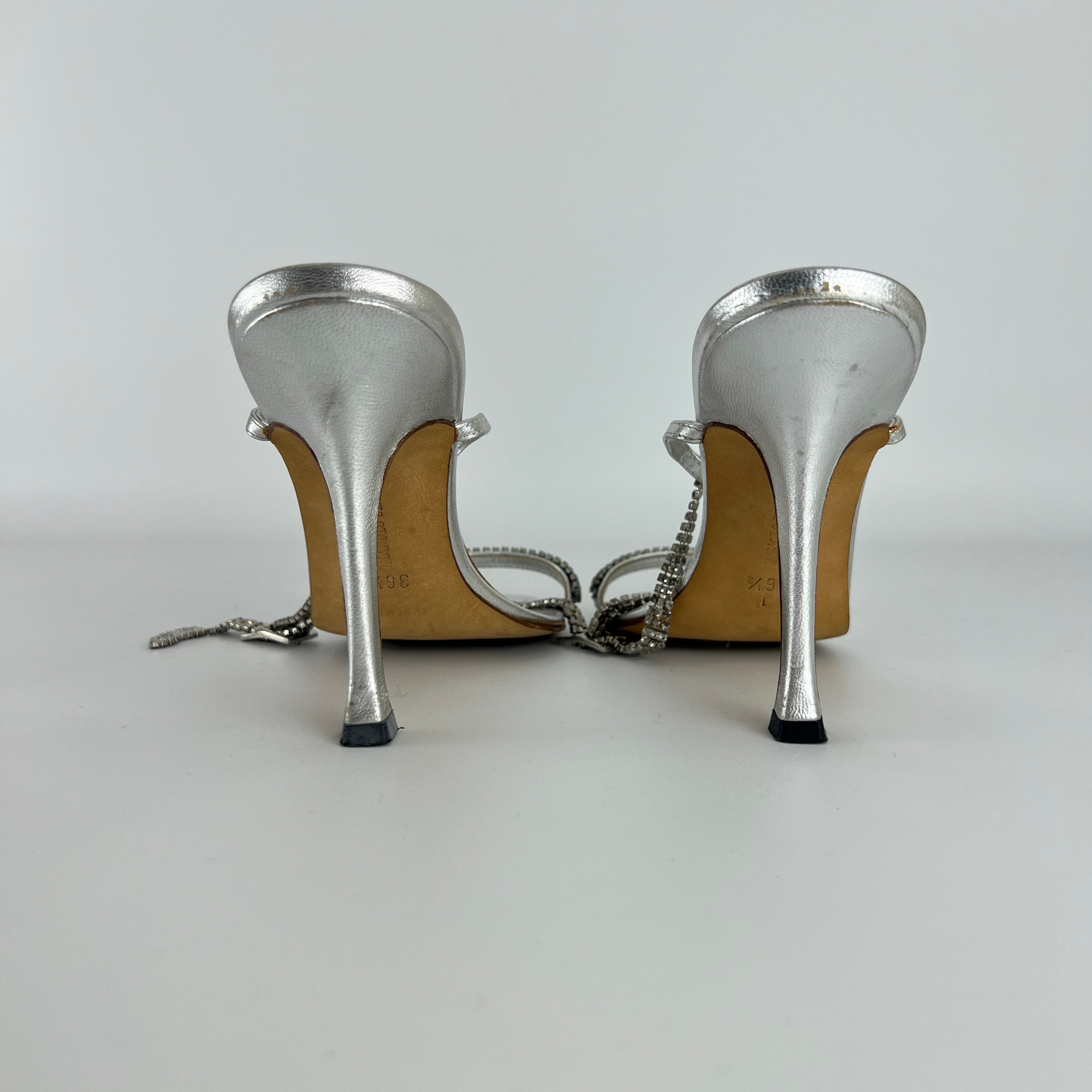 Manolo Blahnik | Silver Crystal Embellished Strap Leather Sandal Heels (36.5)