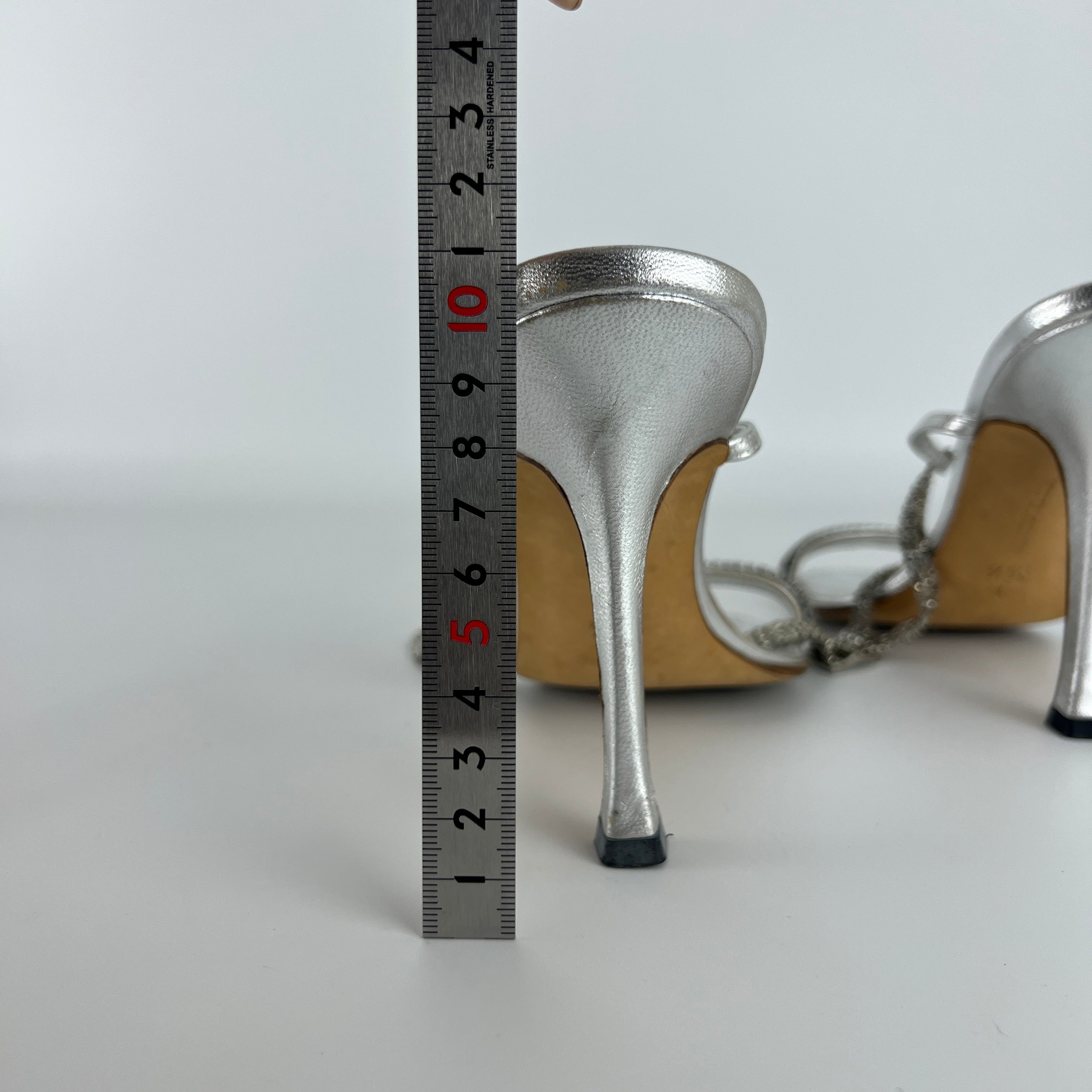 Manolo Blahnik | Silver Crystal Embellished Strap Leather Sandal Heels (36.5)