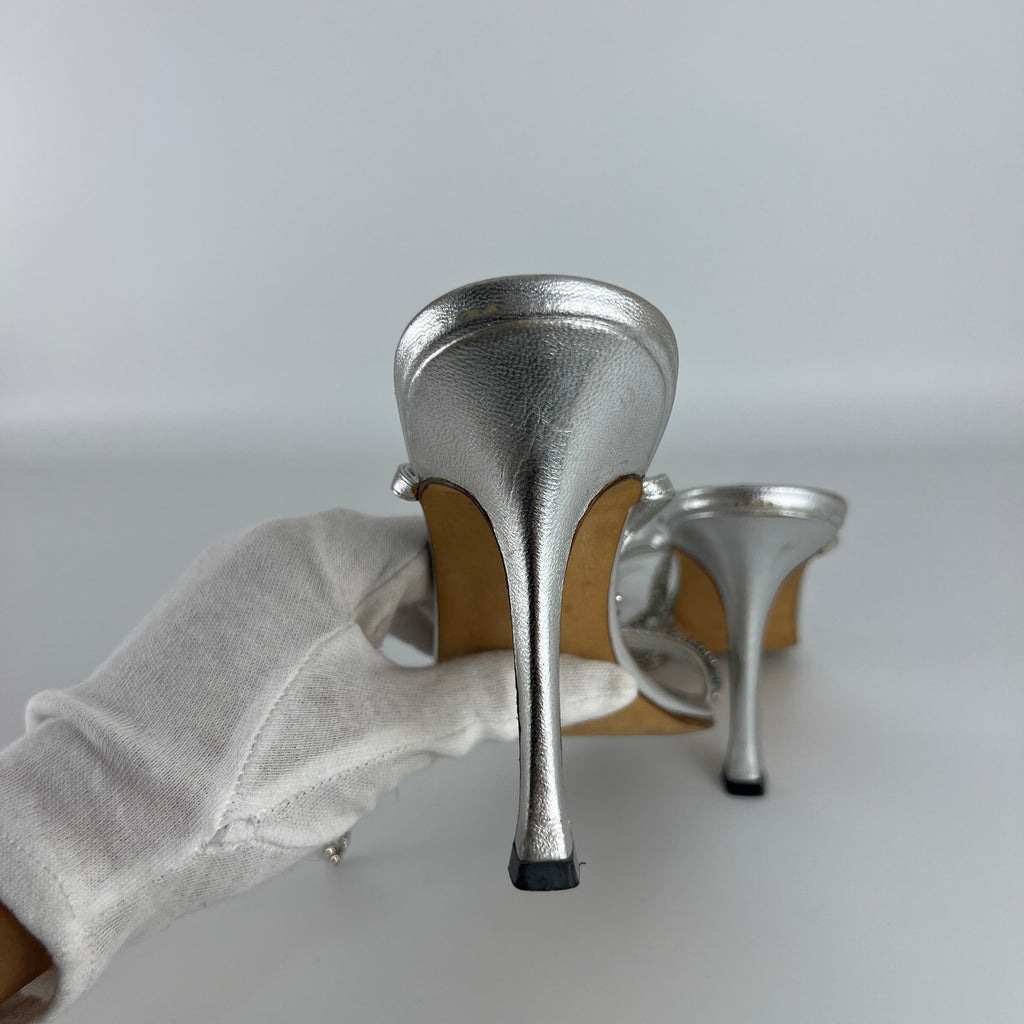 Manolo Blahnik | Silver Crystal Embellished Strap Leather Sandal Heels (36.5)