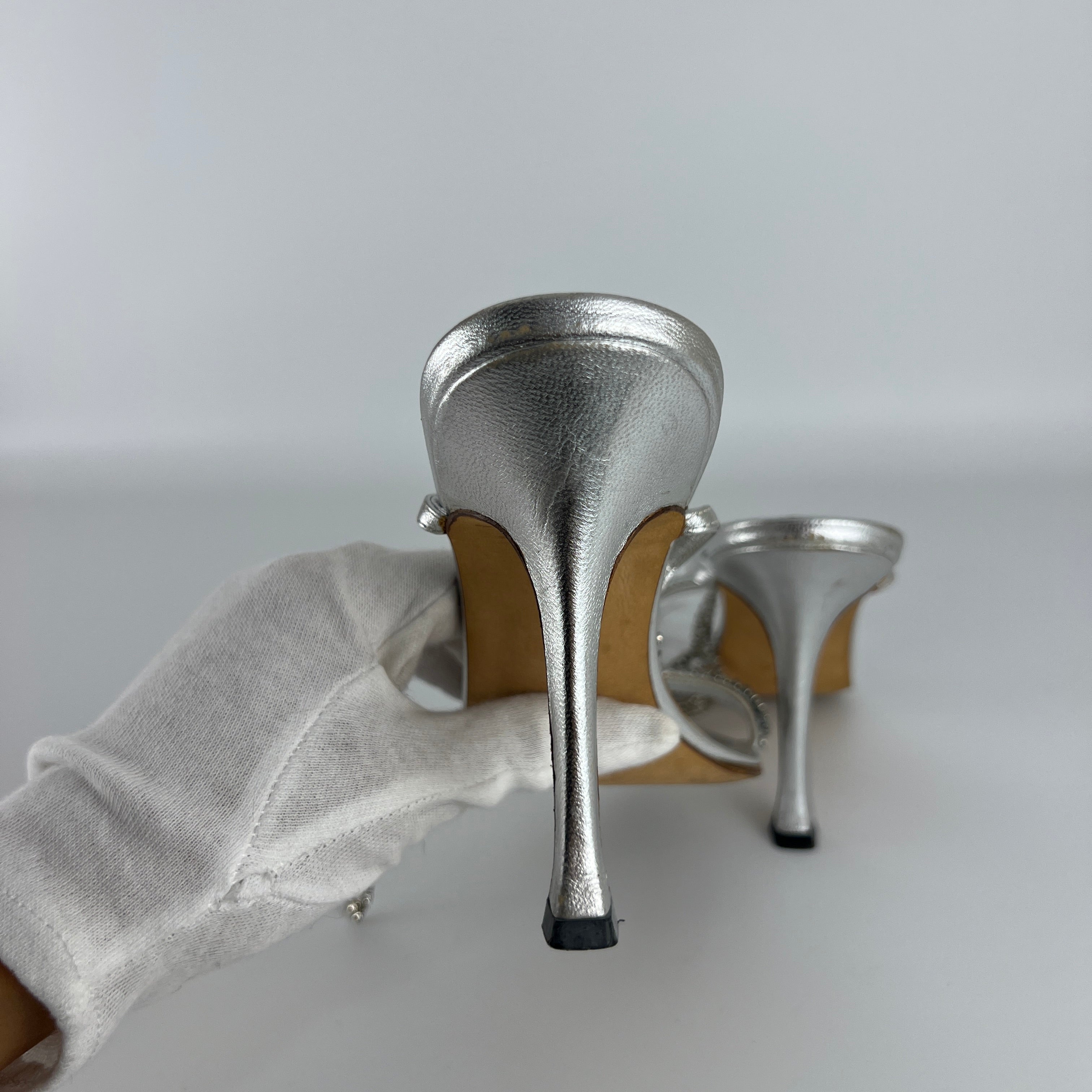 Manolo Blahnik | Silver Crystal Embellished Strap Leather Sandal Heels (36.5)