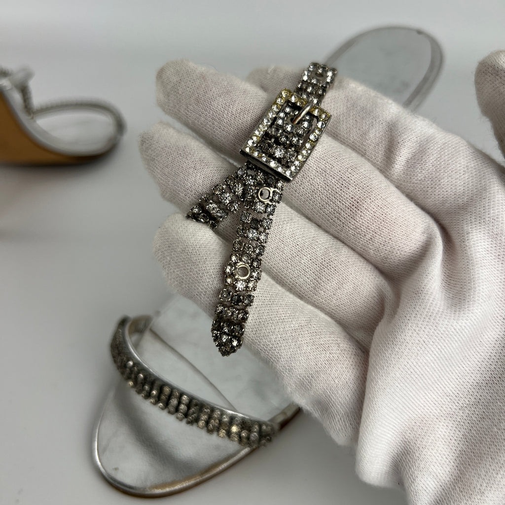 Manolo Blahnik | Silver Crystal Embellished Strap Leather Sandal Heels (36.5)
