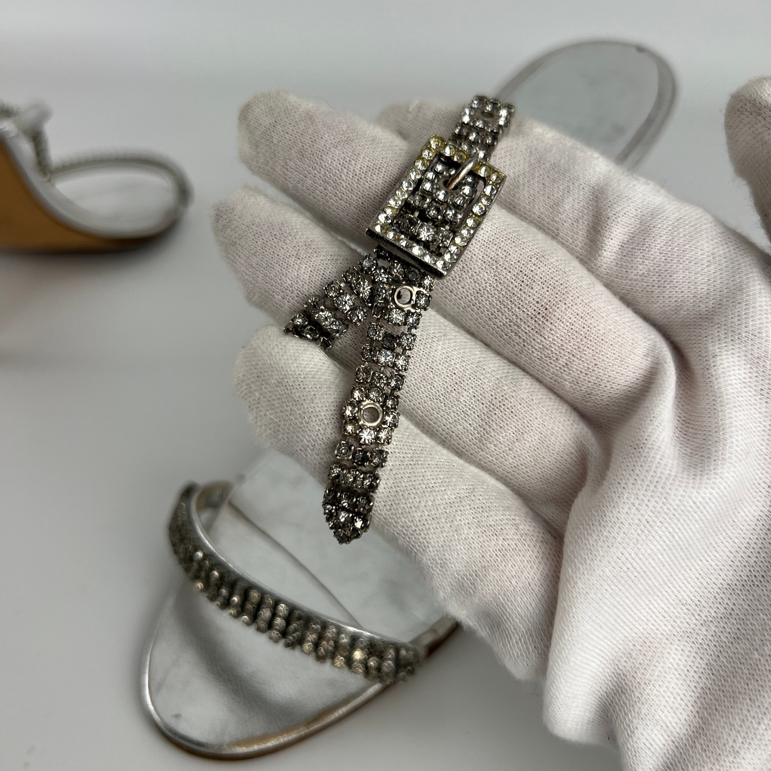 Manolo Blahnik | Silver Crystal Embellished Strap Leather Sandal Heels (36.5)