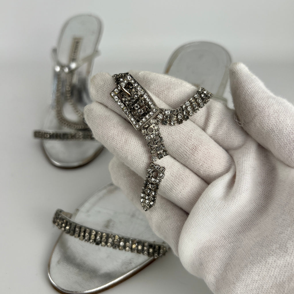 Manolo Blahnik | Silver Crystal Embellished Strap Leather Sandal Heels (36.5)