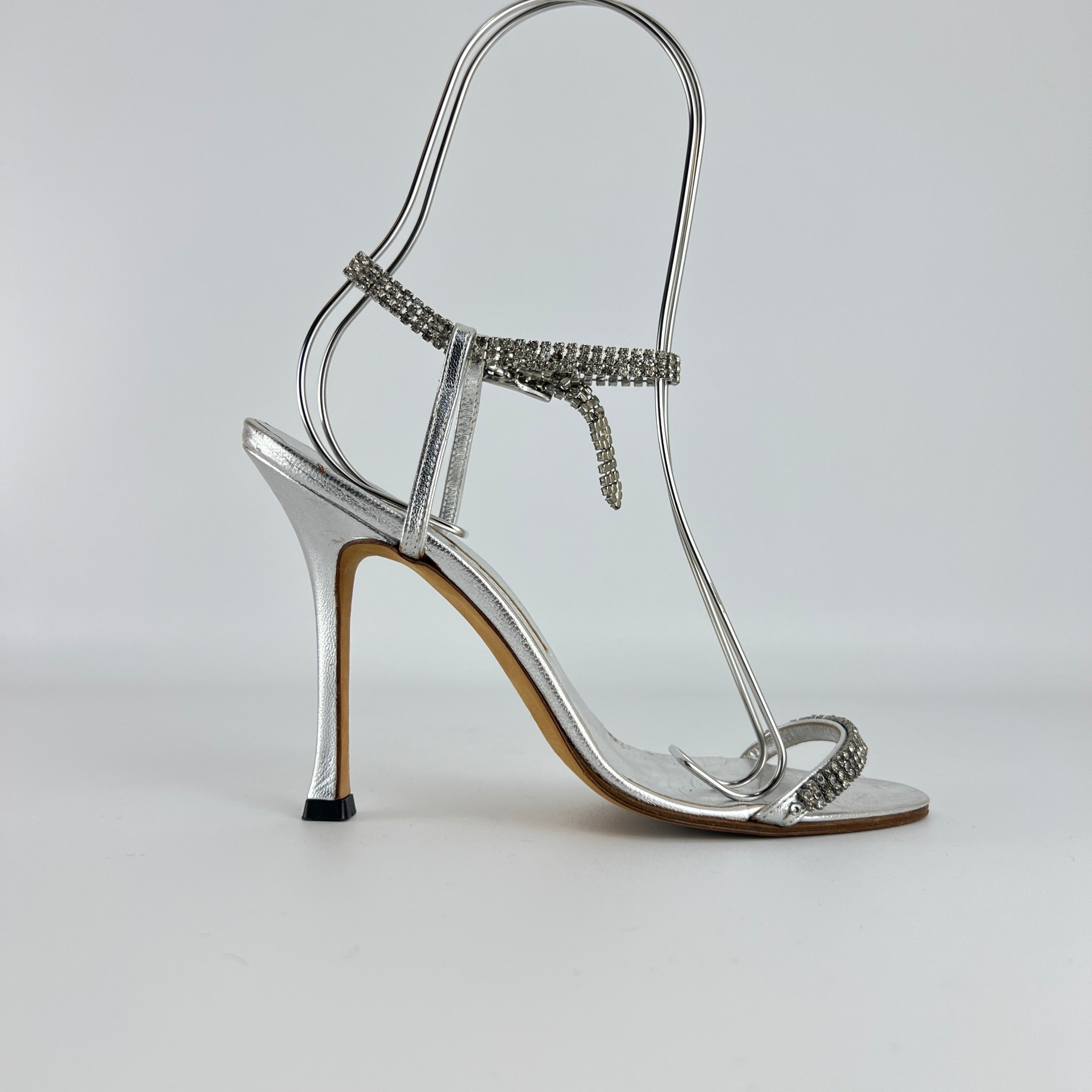 Manolo Blahnik | Silver Crystal Embellished Strap Leather Sandal Heels (36.5)