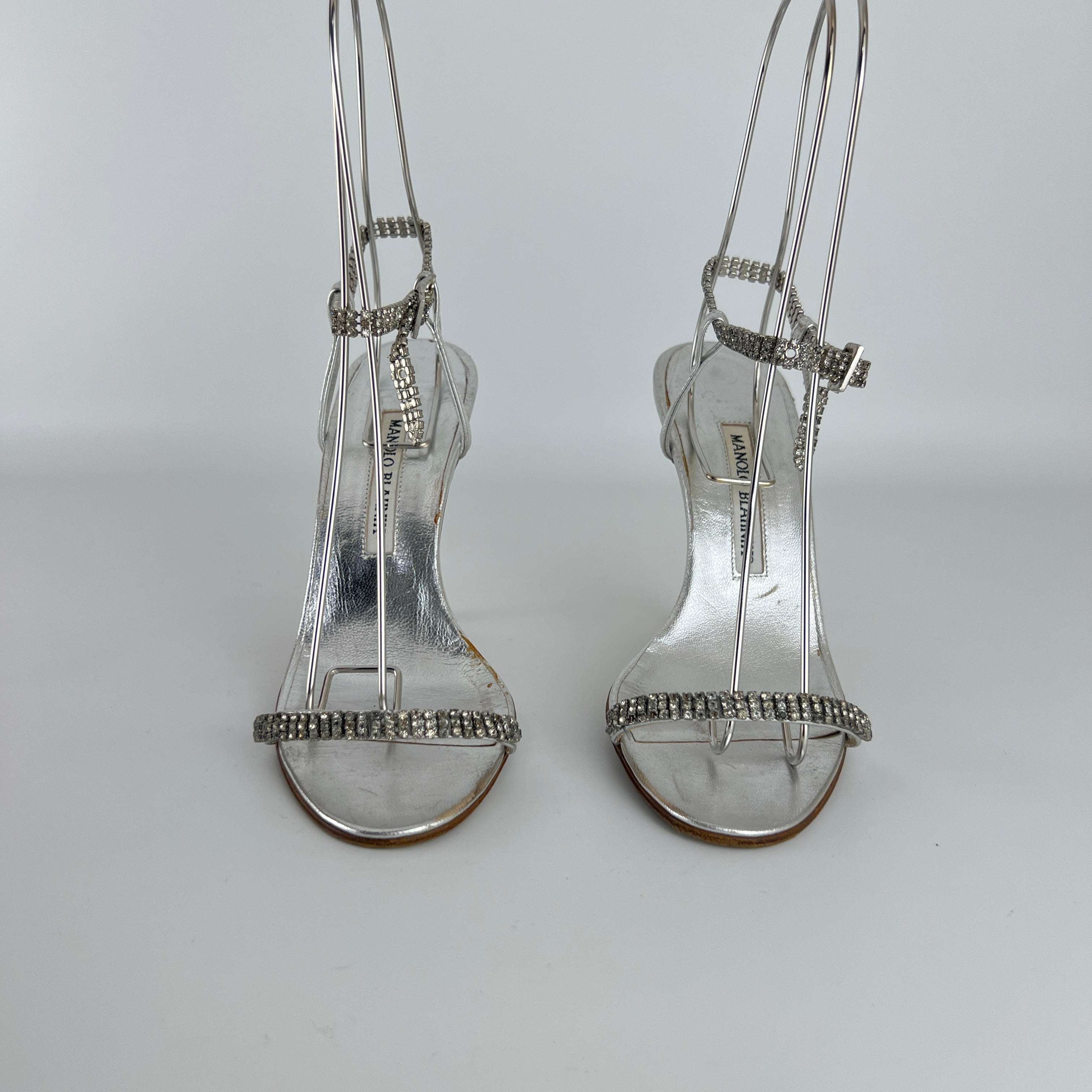 Manolo Blahnik | Silver Crystal Embellished Strap Leather Sandal Heels (36.5)
