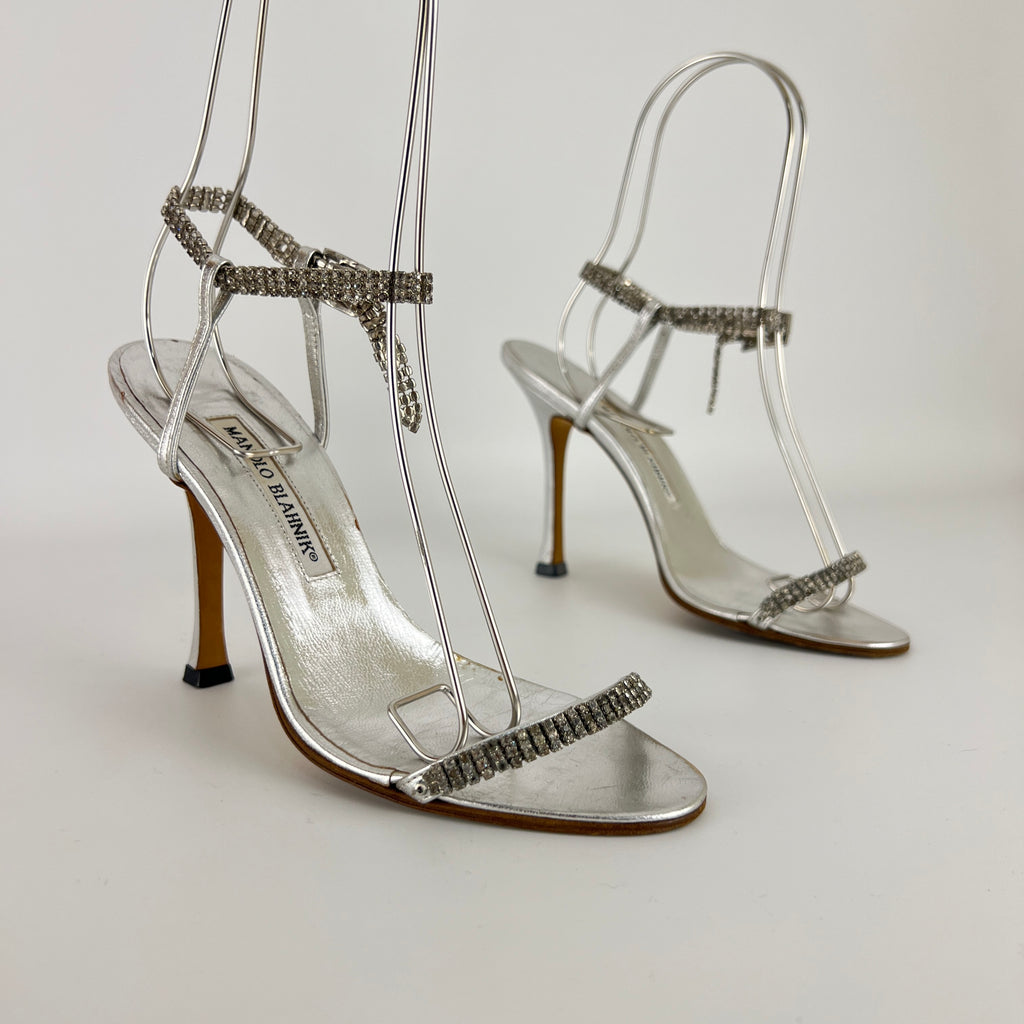 Manolo Blahnik | Silver Crystal Embellished Strap Leather Sandal Heels (36.5)