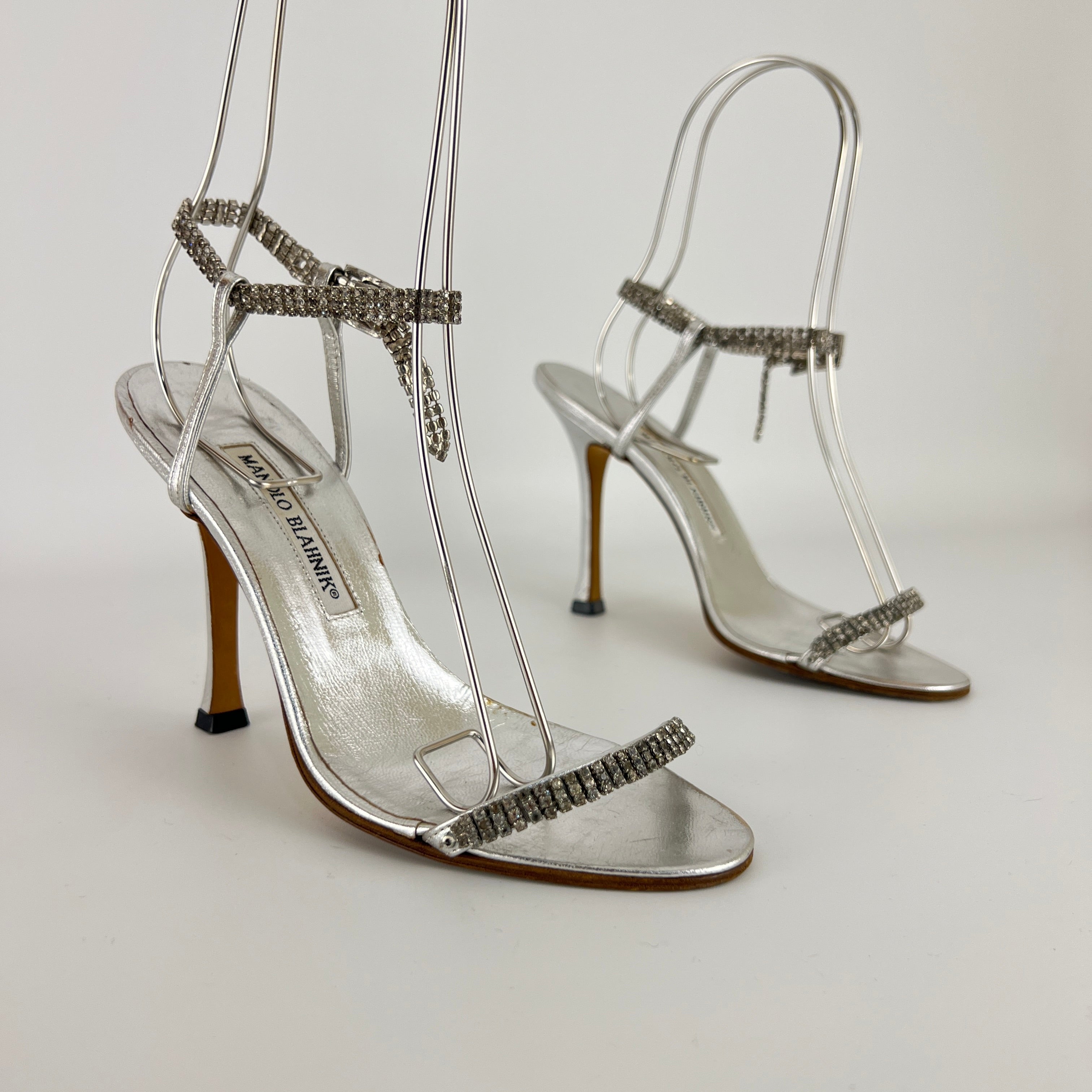 Manolo Blahnik | Silver Crystal Embellished Strap Leather Sandal Heels (36.5)