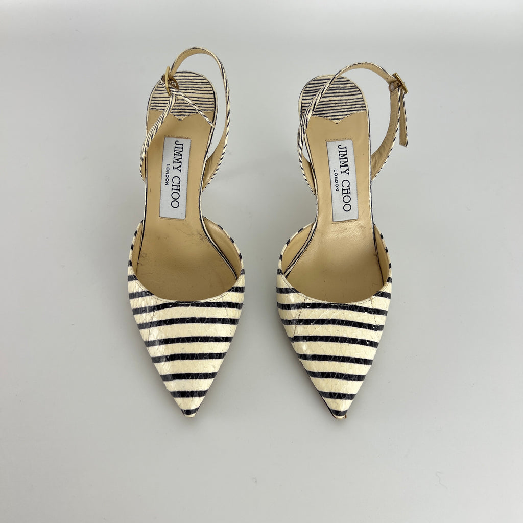 Jimmy Choo | Snake Leather White Black Striped Pointed Toe Slingback (35)