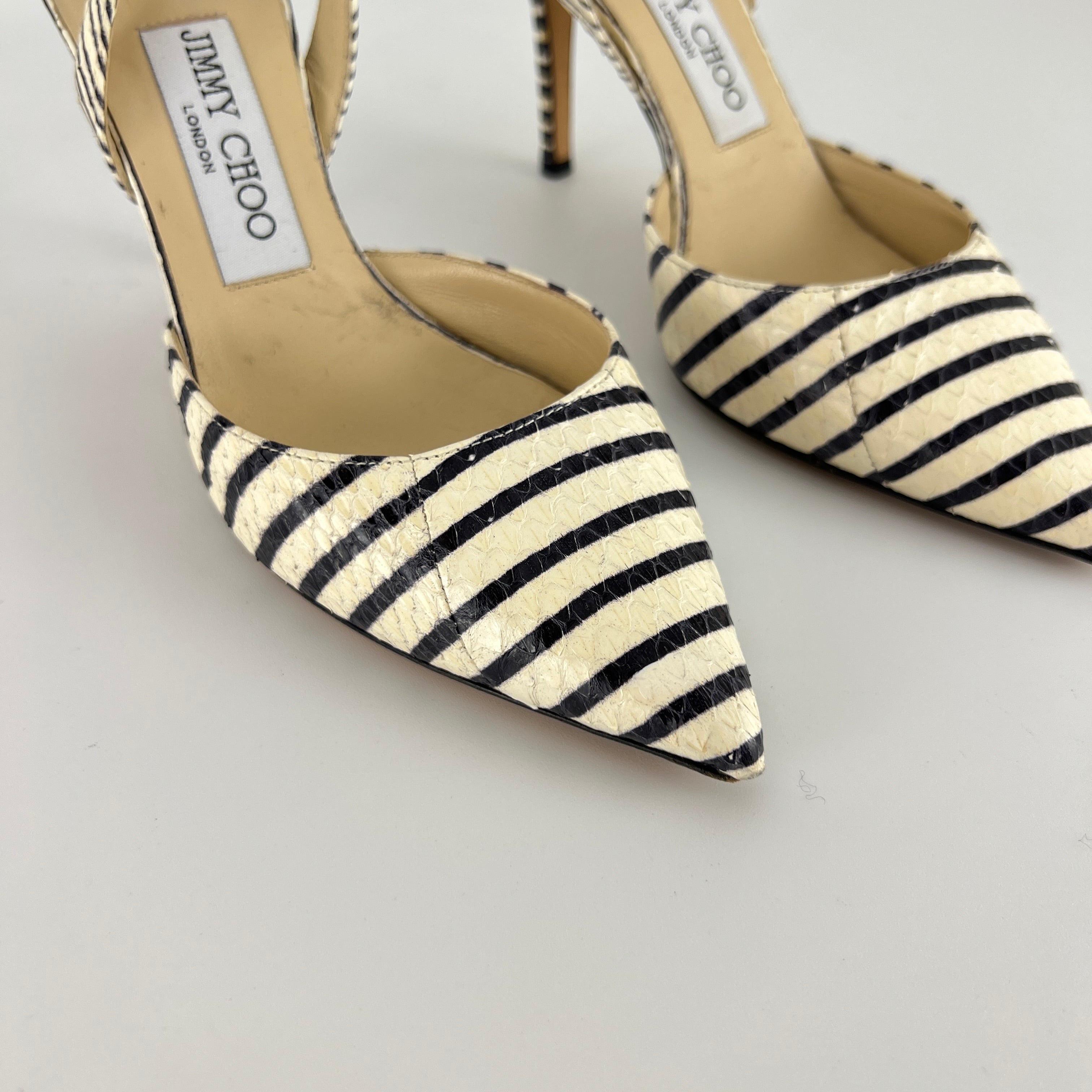 Jimmy Choo | Snake Leather White Black Striped Pointed Toe Slingback (35)