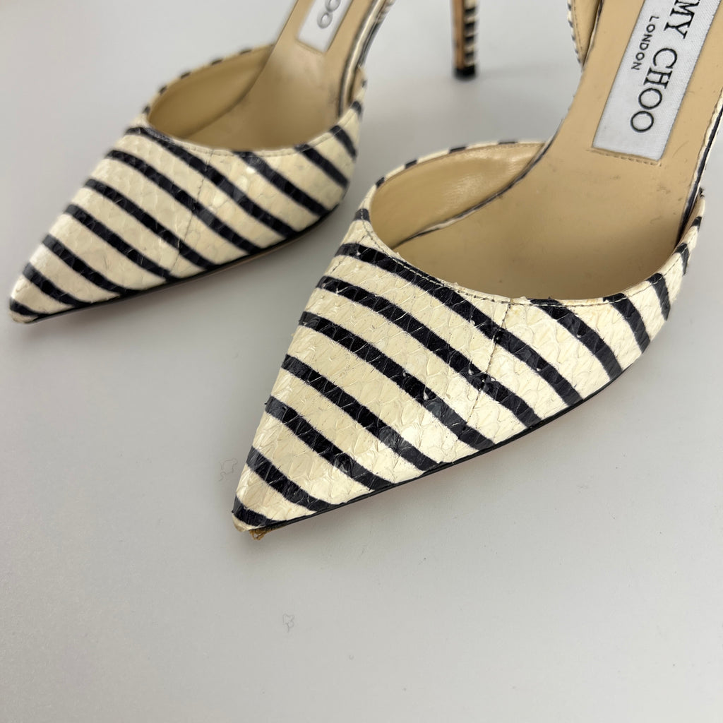 Jimmy Choo | Snake Leather White Black Striped Pointed Toe Slingback (35)