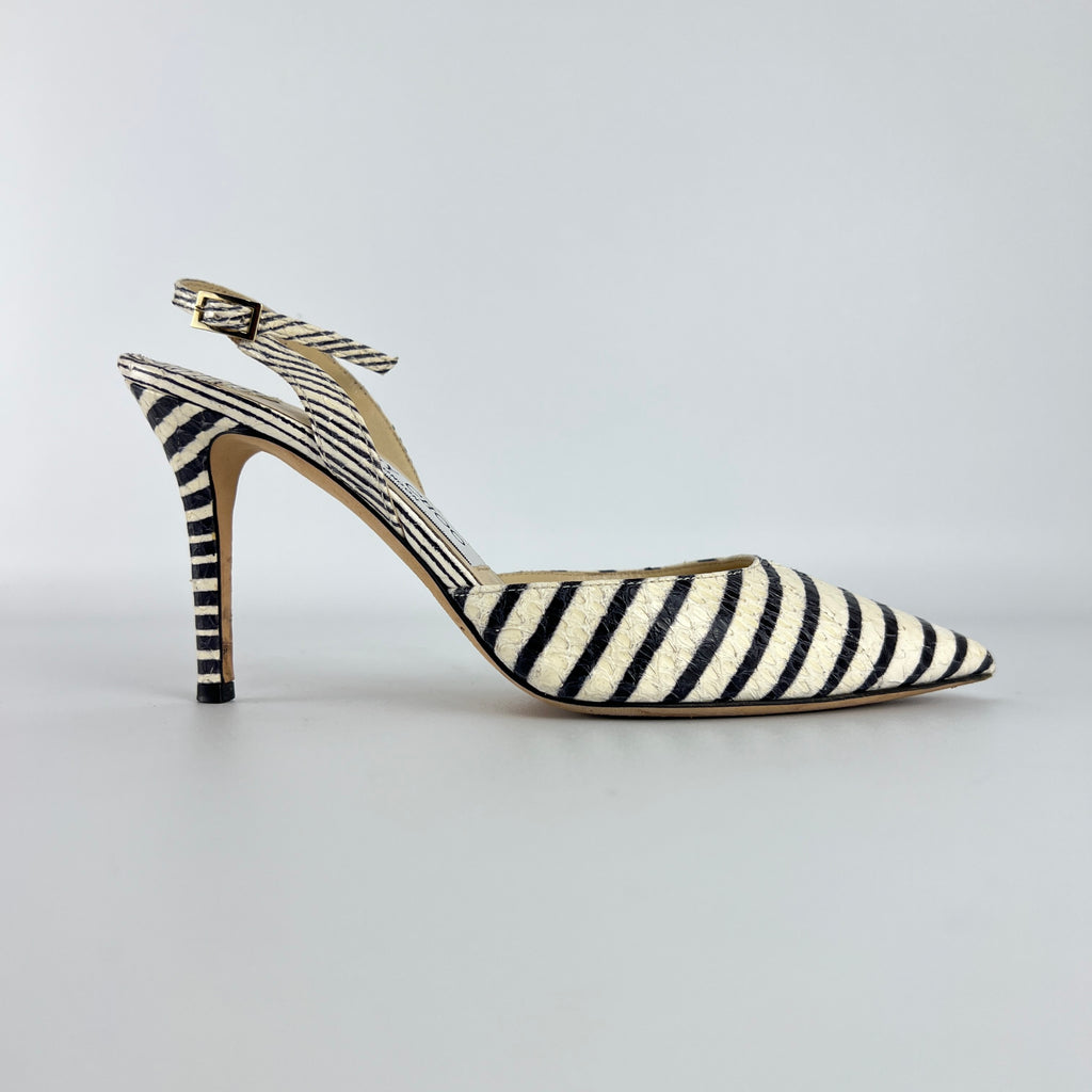 Jimmy Choo | Snake Leather White Black Striped Pointed Toe Slingback (35)