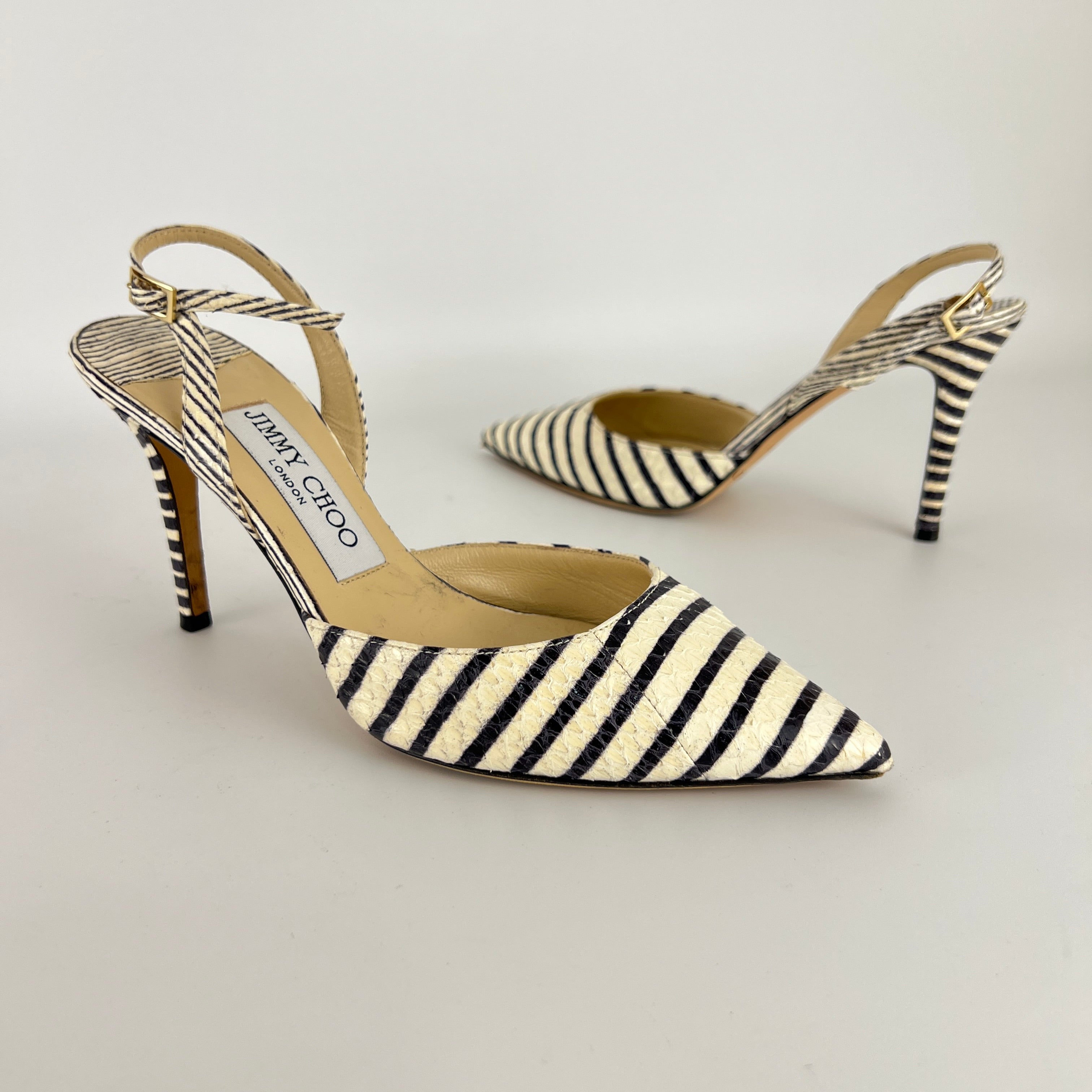 Jimmy Choo | Snake Leather White Black Striped Pointed Toe Slingback (35)