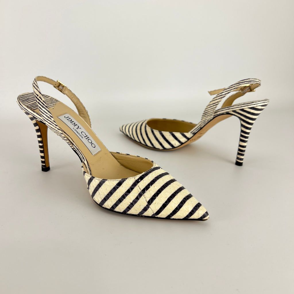 Jimmy Choo | Snake Leather White Black Striped Pointed Toe Slingback (35)