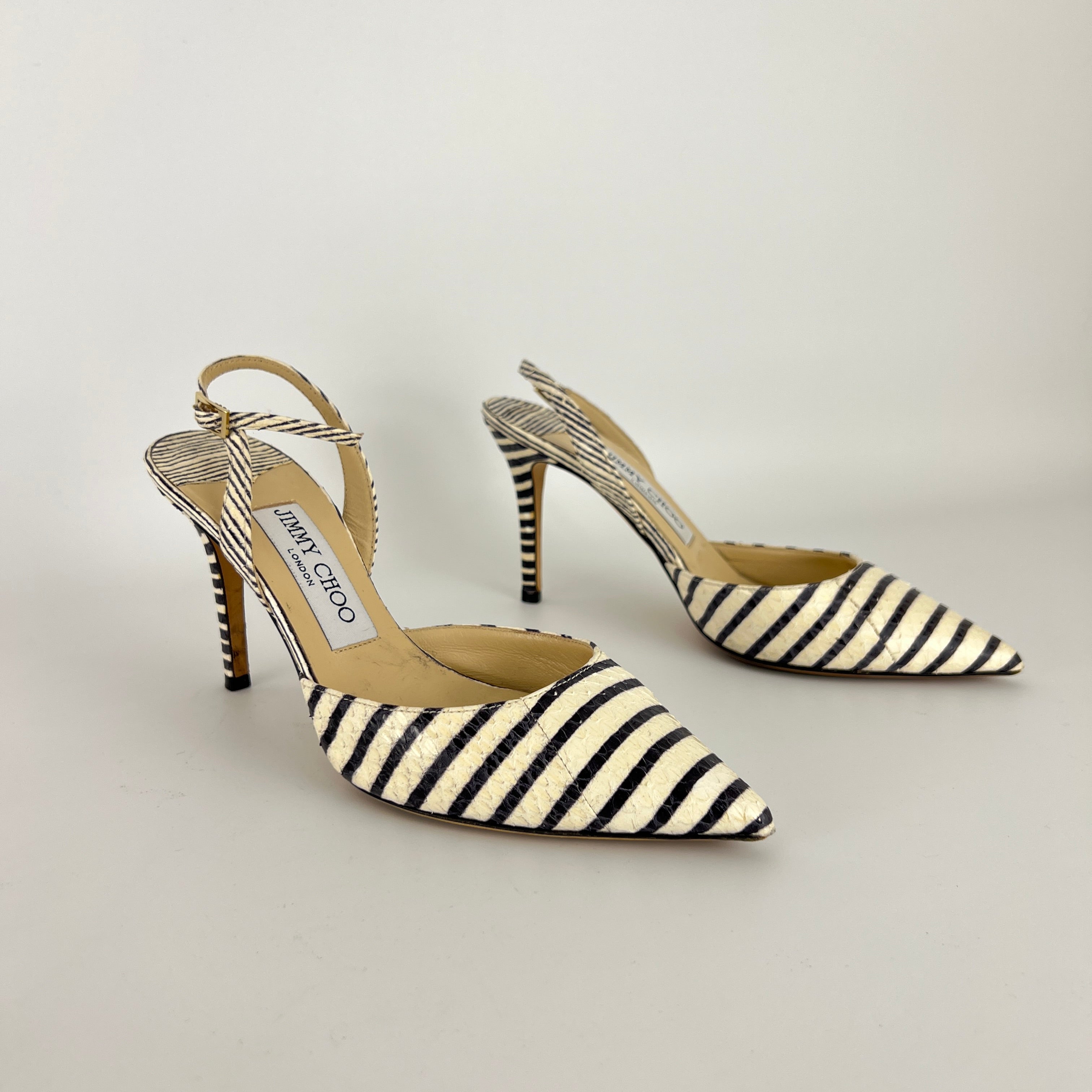 Jimmy Choo | Snake Leather White Black Striped Pointed Toe Slingback (35)