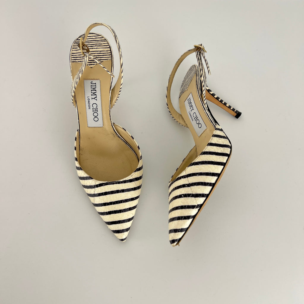 Jimmy Choo | Snake Leather White Black Striped Pointed Toe Slingback (35)