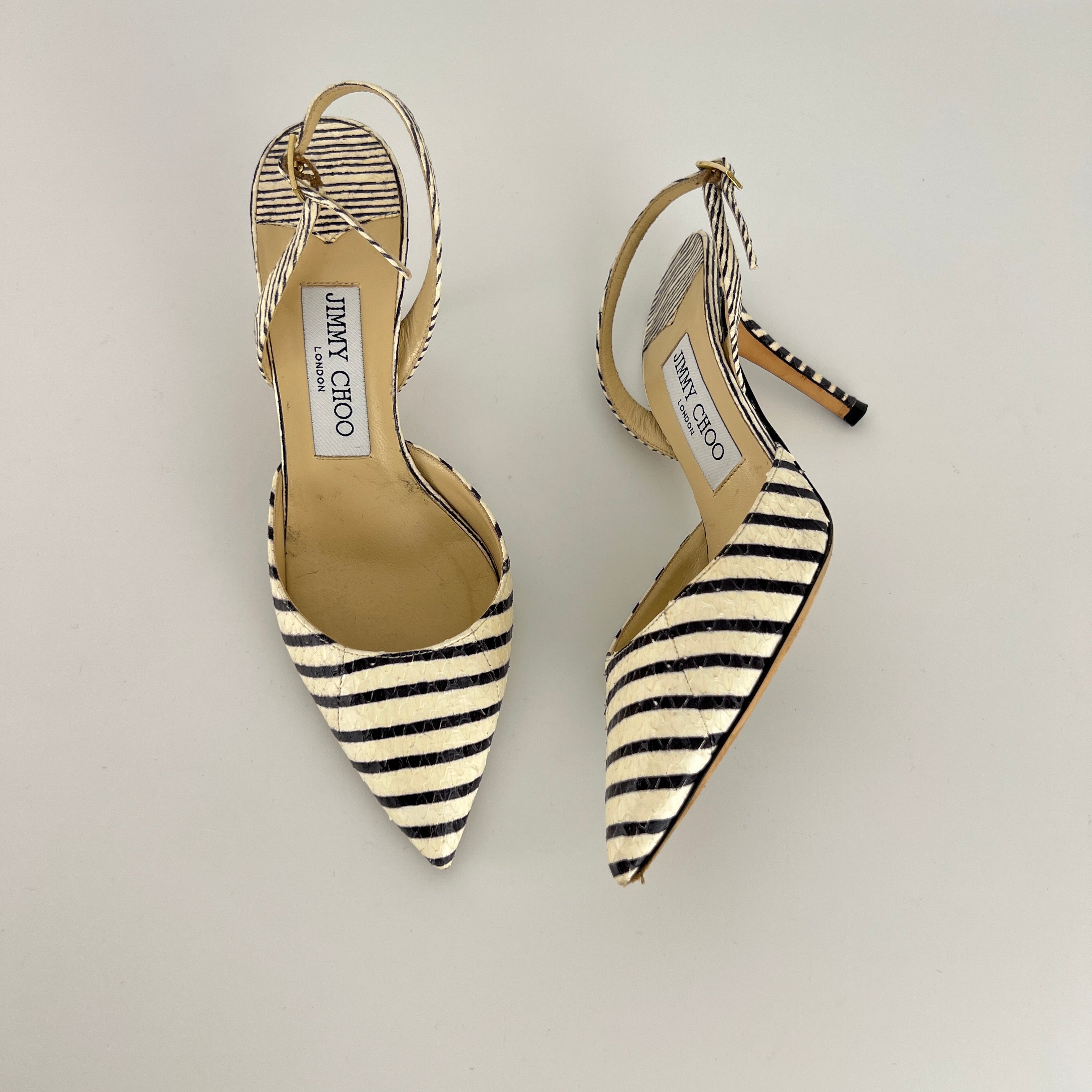 Jimmy Choo | Snake Leather White Black Striped Pointed Toe Slingback (35)