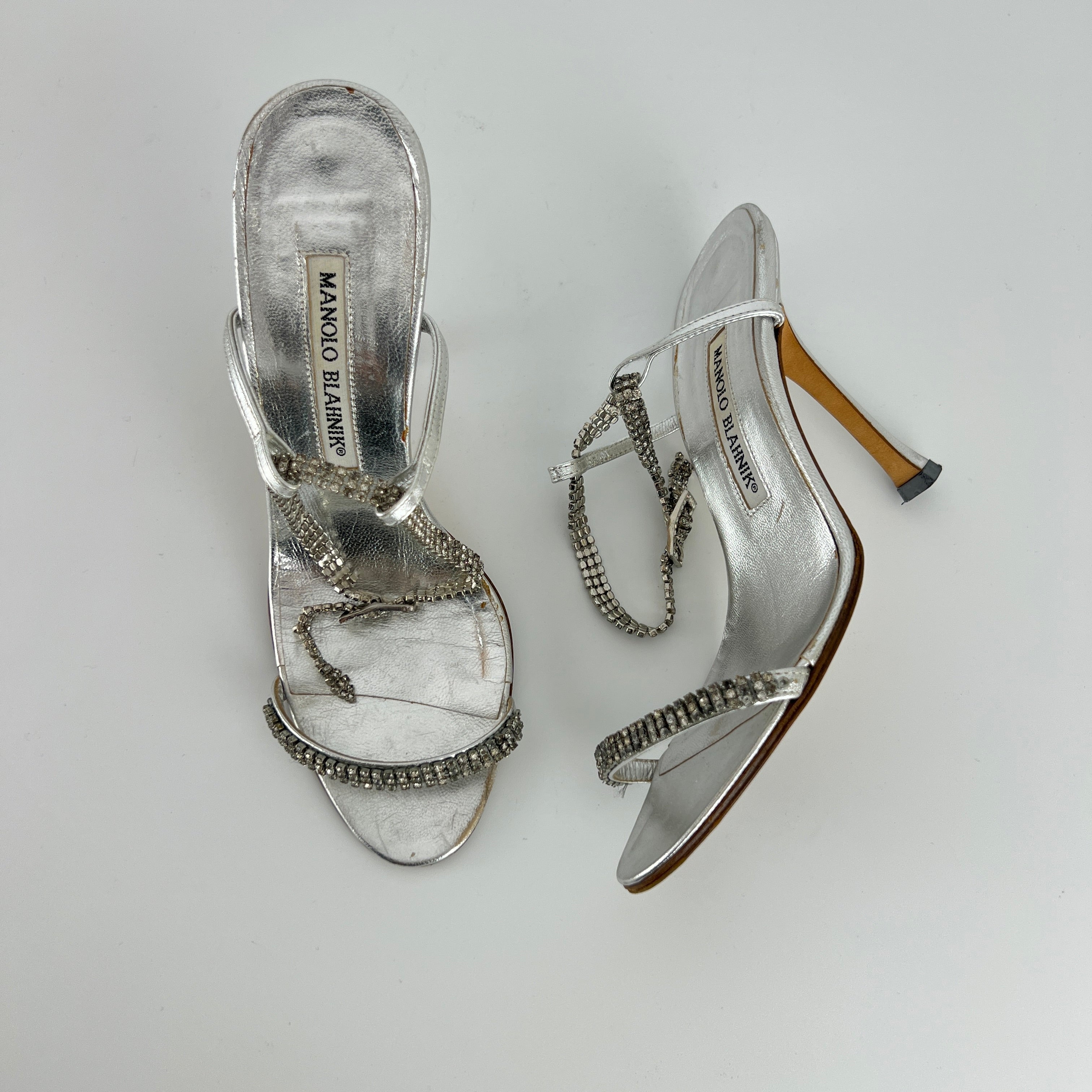 Manolo Blahnik | Silver Crystal Embellished Strap Leather Sandal Heels (36.5)