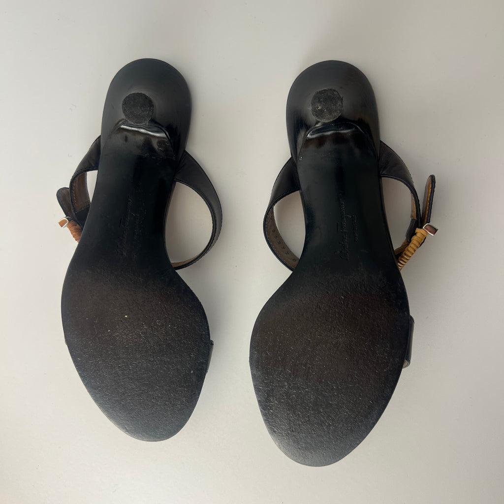 Ferragamo | Acklin Black Leather Wood Logo Buckle Sandal Slide Heels (35.5)