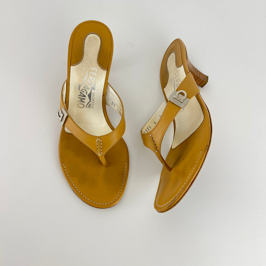 Ferragamo | Tan Leather Thong Flip Flop Mid Heels Silver Ferragamo Logo Hardware (36)