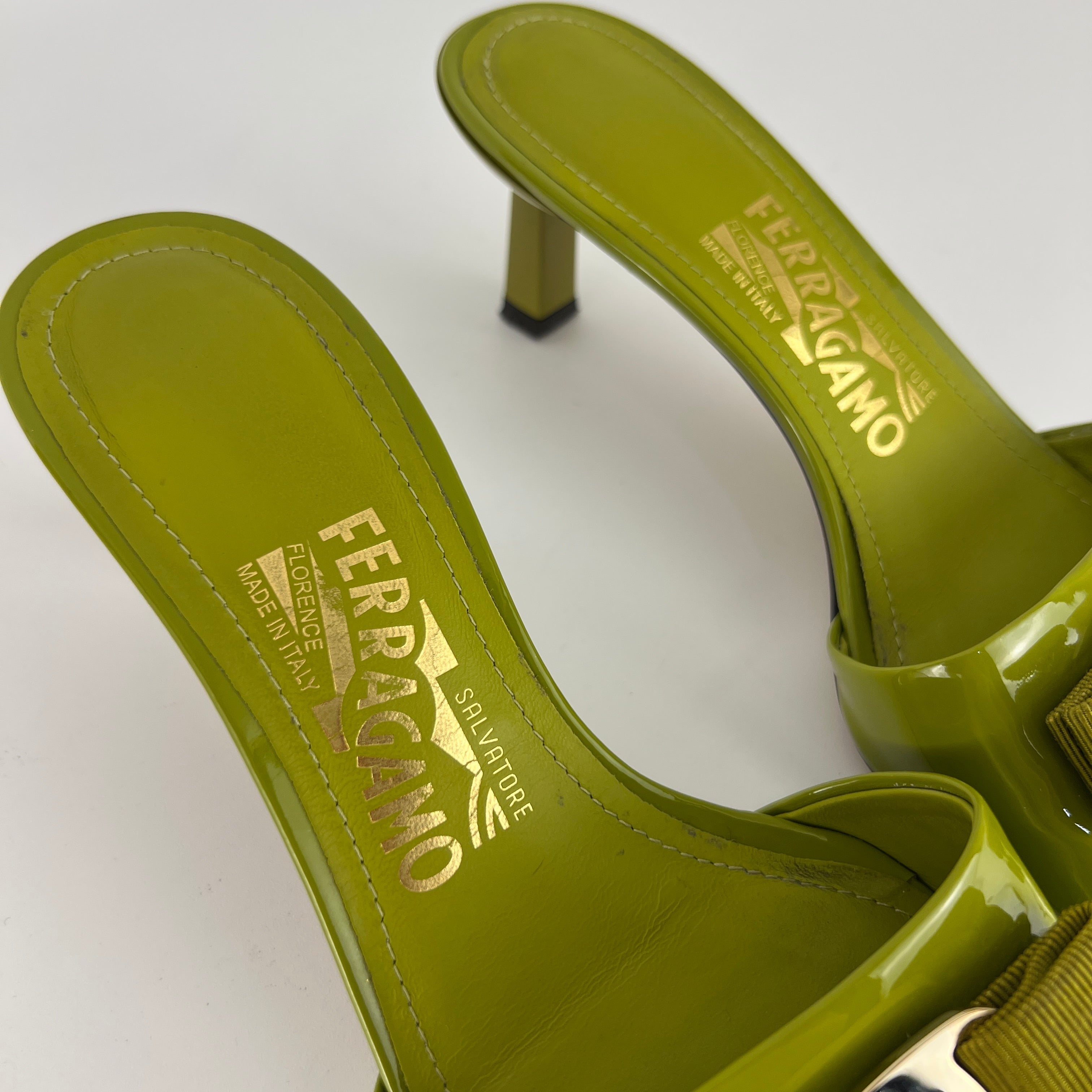 Ferragamo | Glo 55 Vara Bow Olive Green Patent Leather Slide Mules (6, 36)