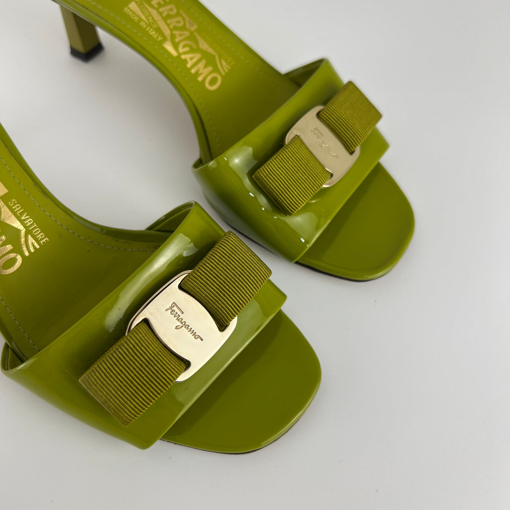 Ferragamo | Glo 55 Vara Bow Olive Green Patent Leather Slide Mules (6, 36)